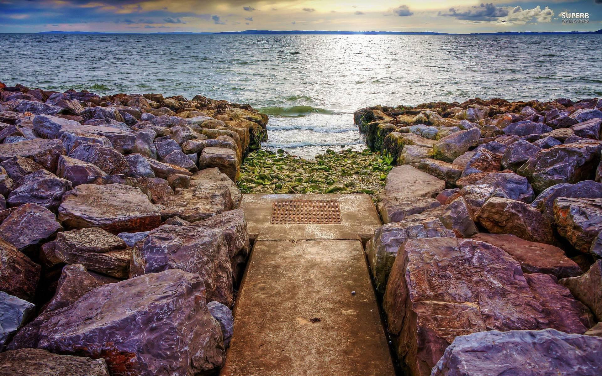 water, nature and landscapes, nature, ocean, 1080P, steps, sea, clouds, stone, pathway, path, HD Wallpaper