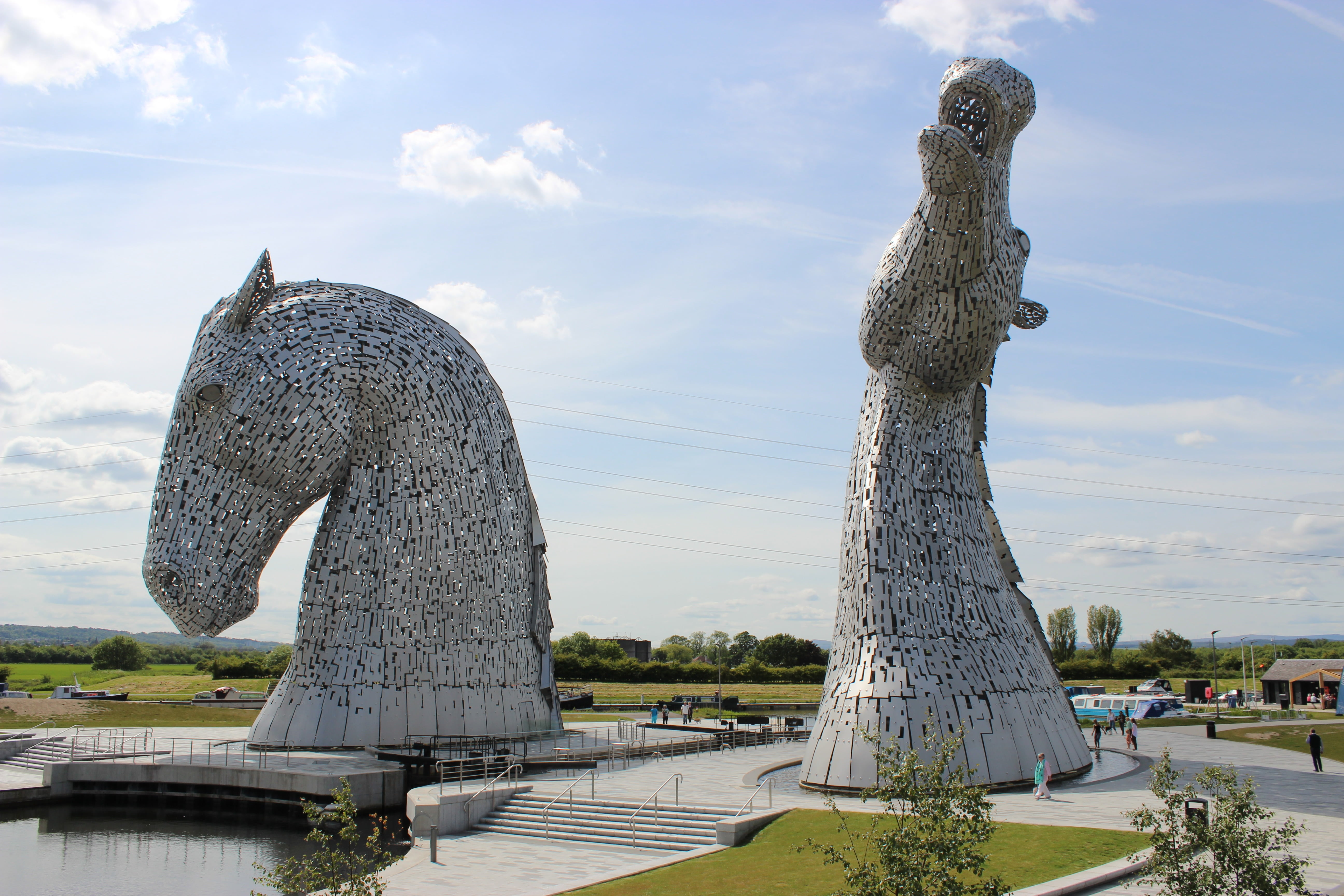 sculpture, sky, water, art and craft, park - man made space, statue, kelpies, architecture, incidental people, plant, 5K, representation, park, sunlight, HD Wallpaper