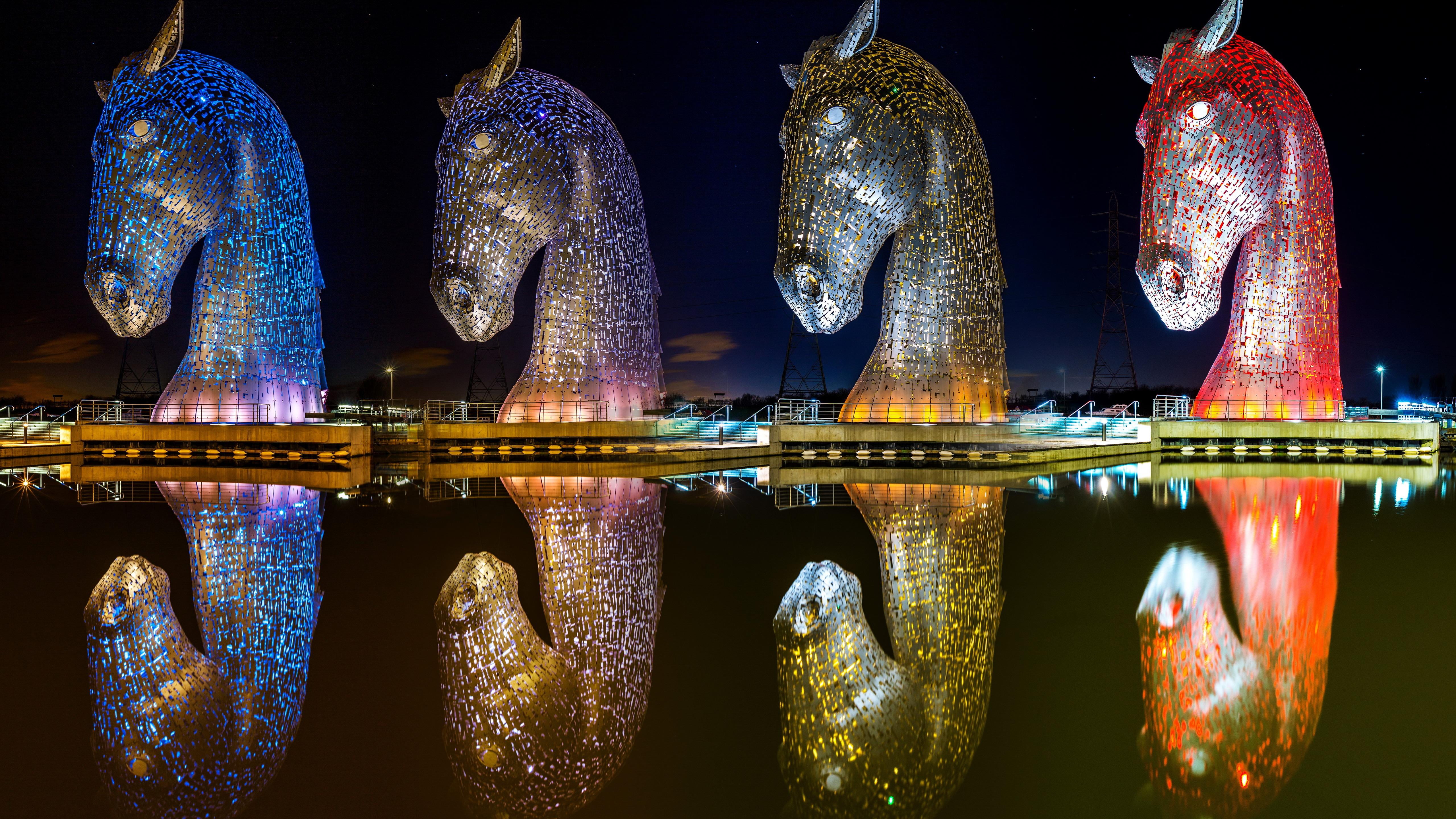 falkirk, 5K, waterfront, the helix, grangemouth, night, nature, fish, united kingdom, horse, the kelpie, horses, hanging, scotland, side by side, eu, seafood, HD Wallpaper