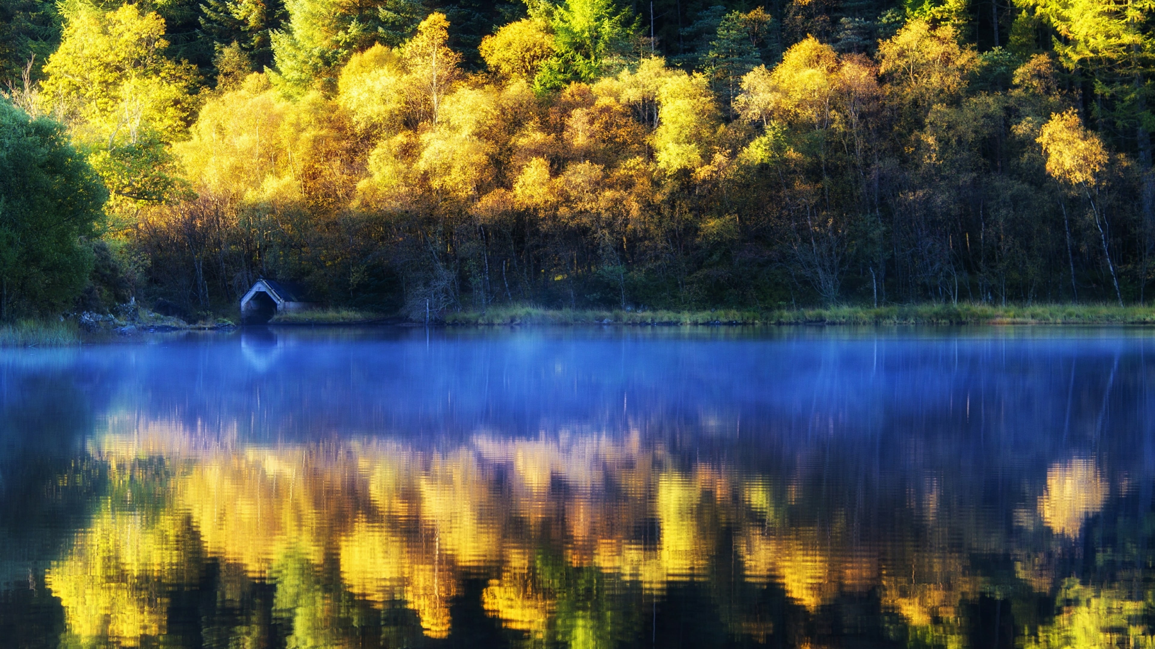 waterfront, autumn leaves, scenics - nature, lake, growth, autumn, stirling, idyllic, tranquility, yellow trees, bank, tranquil scene, plant, united kingdom, HD Wallpaper