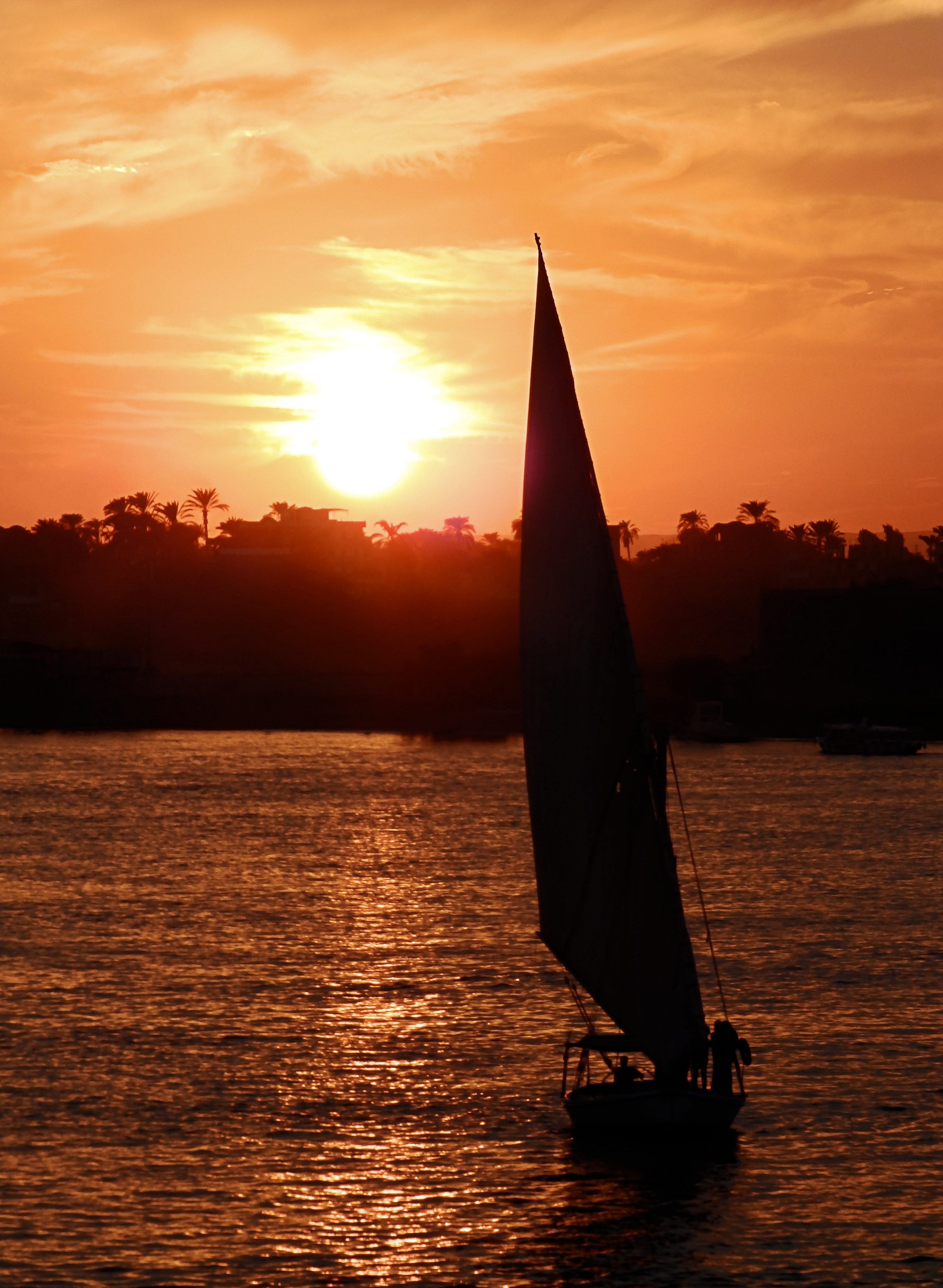 nautical vessel, silhouette, mood, mode of transportation, dawn, lake, landscape, twilight, the sail, colors, scenics - nature, orange color, canvas, sailboat, Phone HD Wallpaper