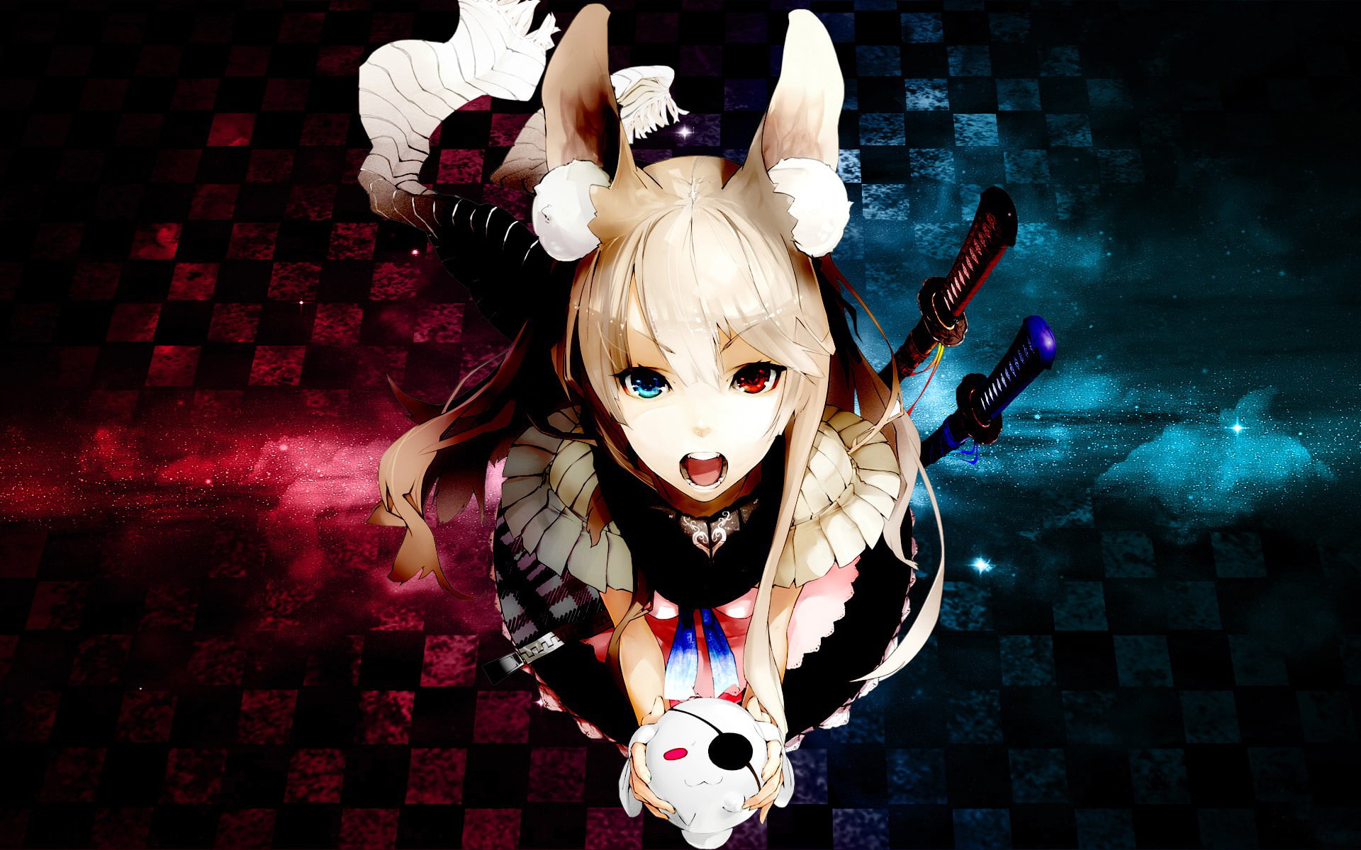  open, stuffed, solo, background, 1080P, female, weapons, ratio, nil, toy, 1920x1200, widescreen, blue, mouth, checkered, eyepatch, red, sword, HD Wallpaper