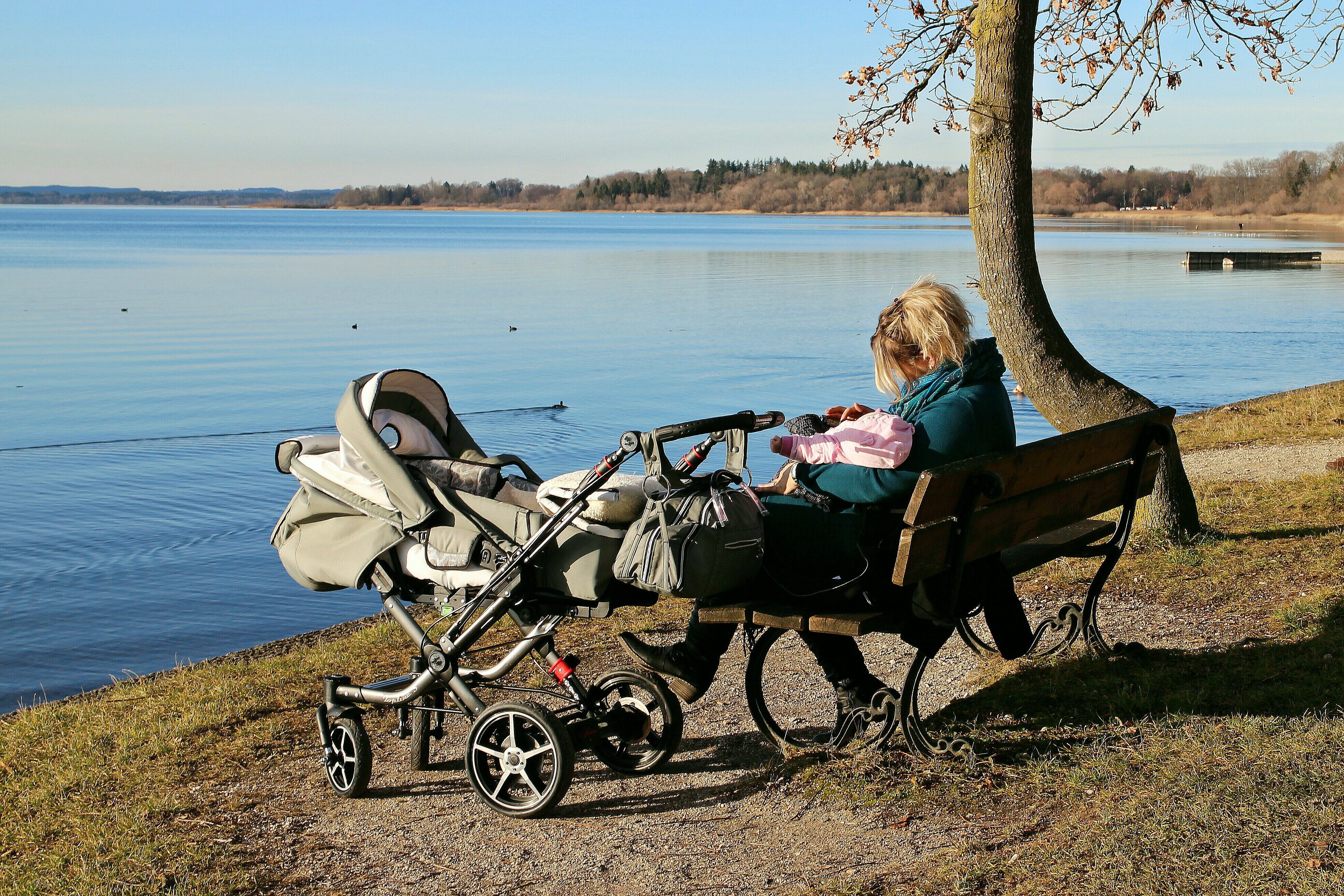 women, human, transportation, personal, located, lake, care, water, sky, adult, lifestyles, body, sunlight, mother, near, bench, one person, family, nature, HD Wallpaper
