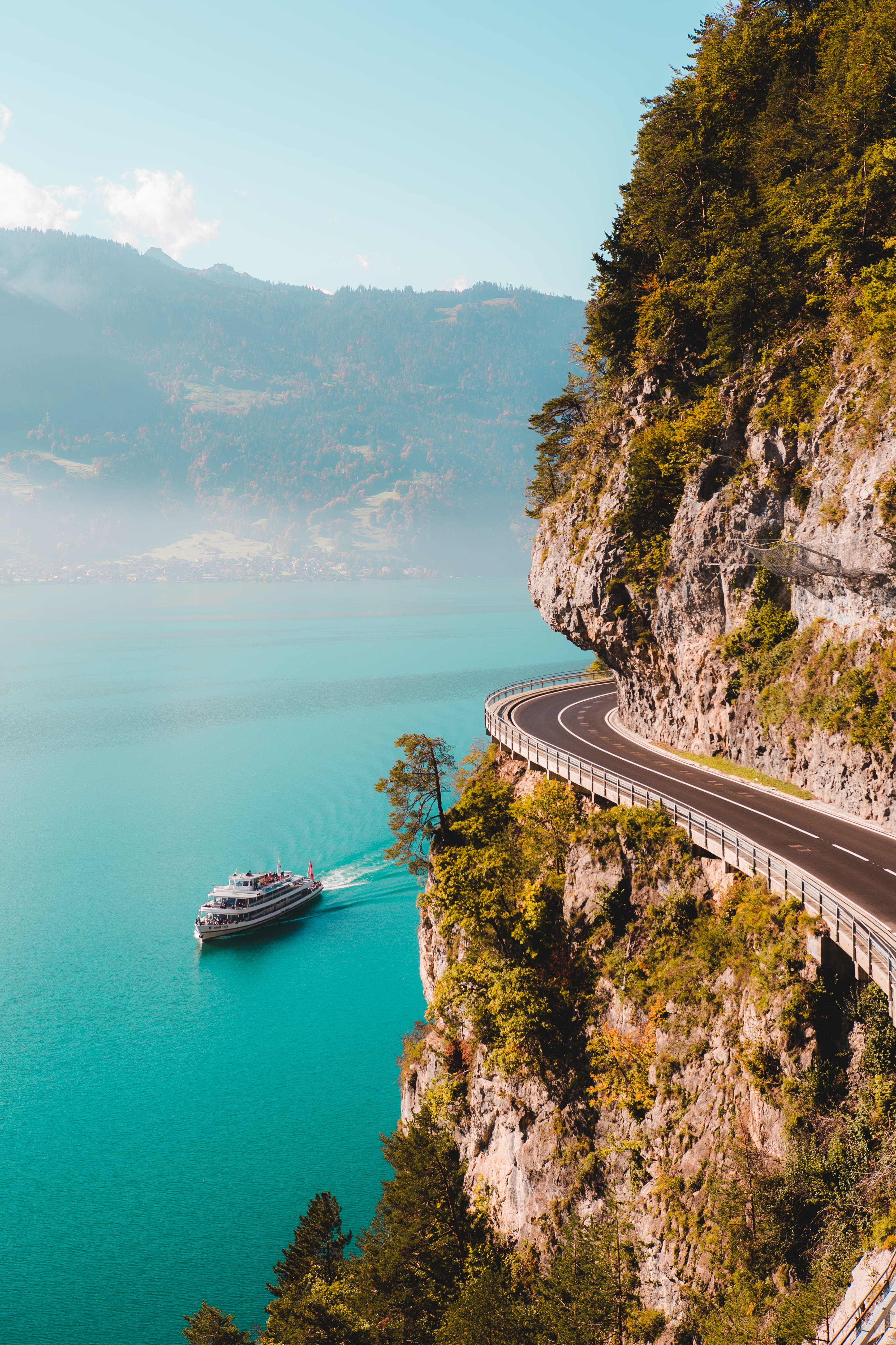 tranquility, near, 4K, mountain, no people, mode of transportation, lake, transportation, sky, lake thun, summer, daytime, jairph.ch, nautical vessel, Phone HD Wallpaper