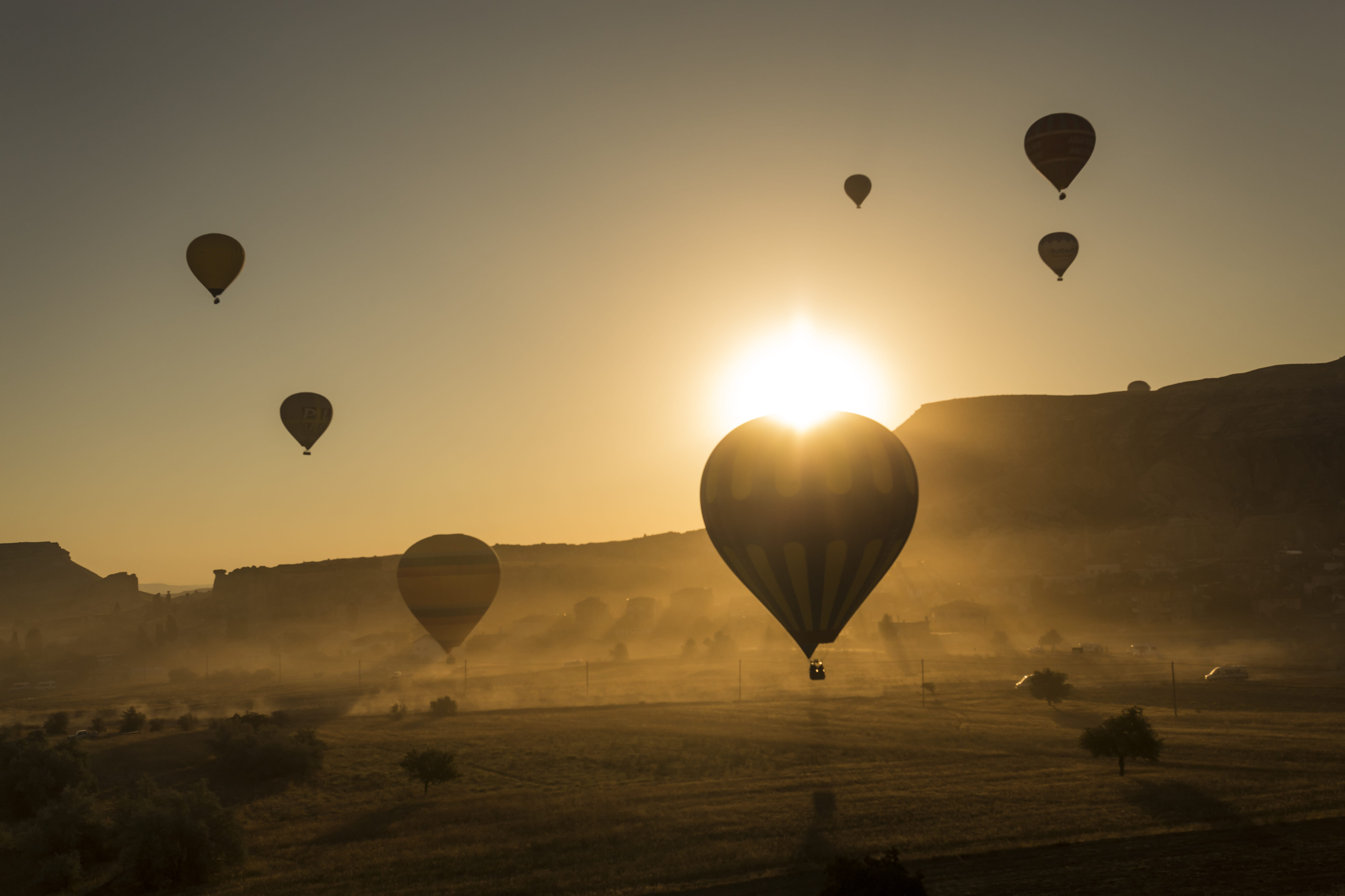 landscape, hour, mid-air, hot air balloon, adventure, scenics - nature, canon, sky, silhouette, outdoors, mode of transportation, travel destinations, 5K, HD Wallpaper