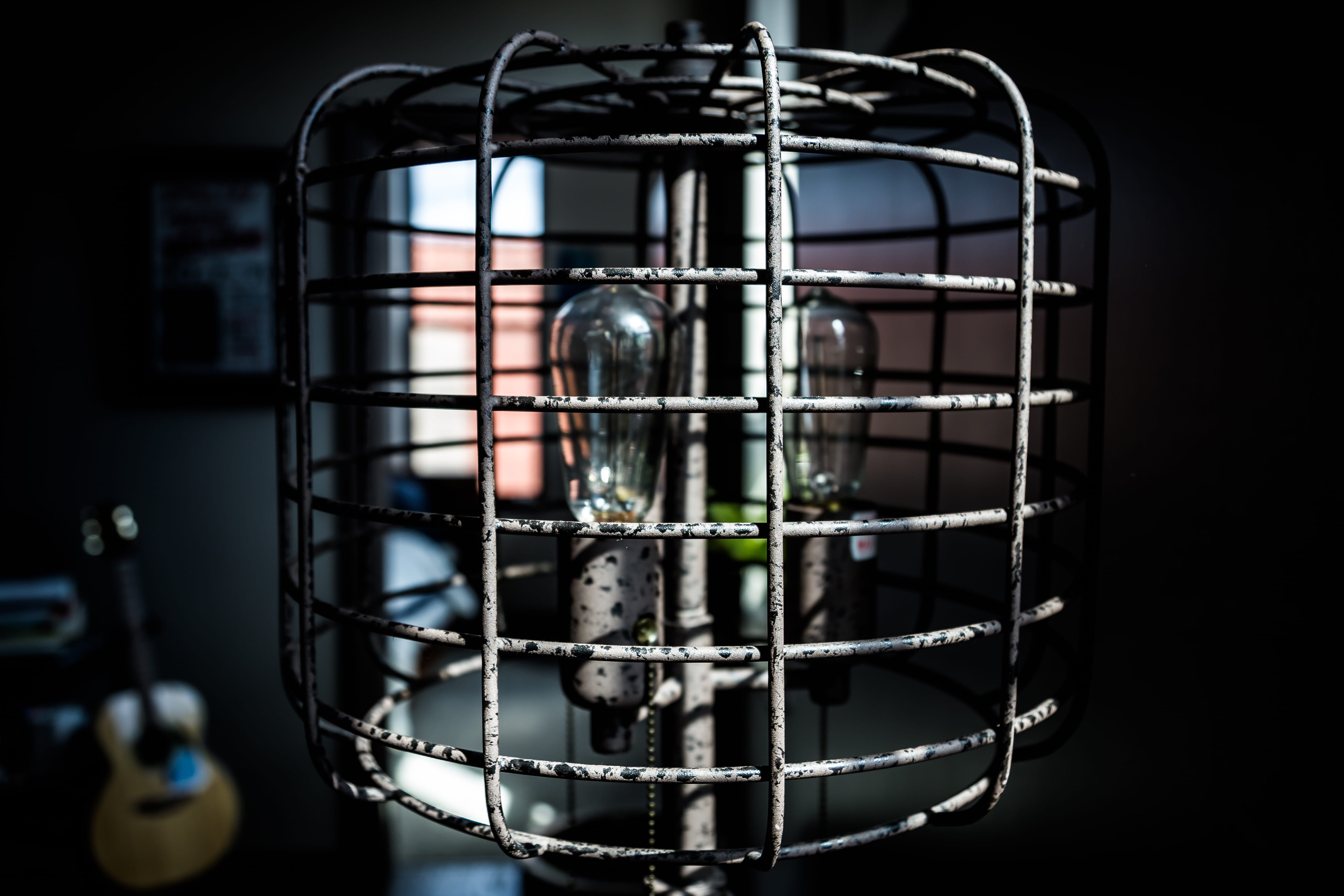 lamp, technology, vintage, close-up, guitar, no people, illuminated, communication, cage, summer, arts culture and entertainment, 5K, security, safety, HD Wallpaper