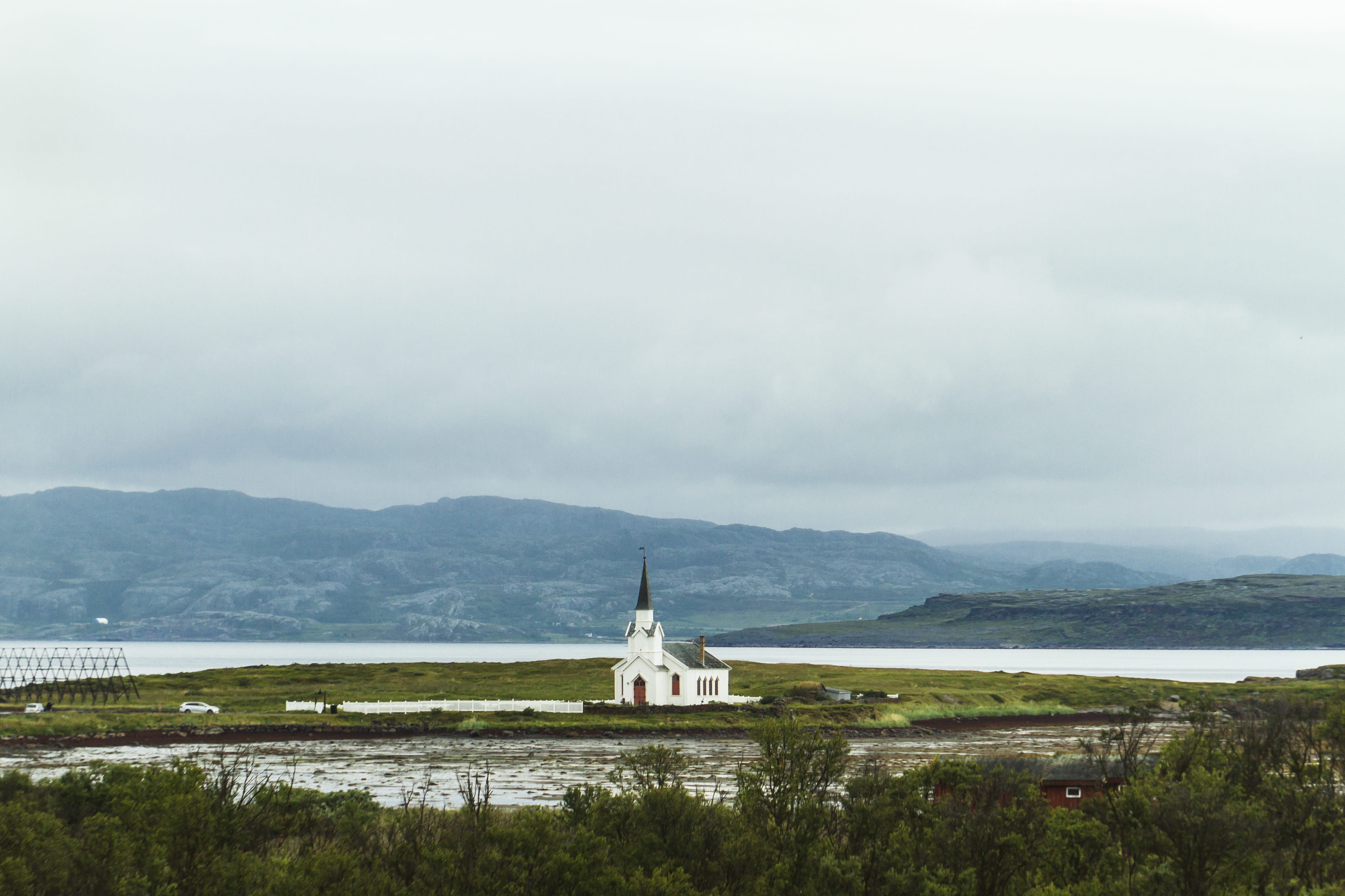 blue, scenics - nature, god, cars, nesseby, nesseby municipality, mountain, finnmark, mountain range, worship, kirke, environment, day, norwegian, belief, HD Wallpaper