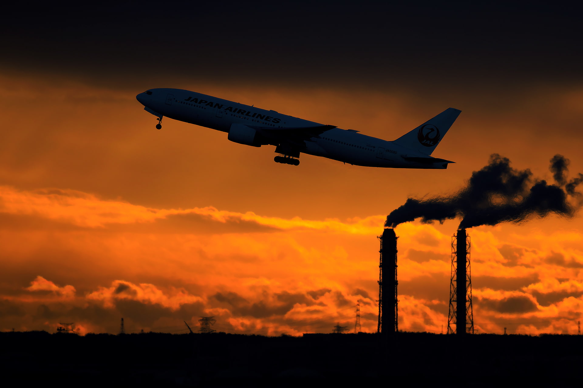 silhouette, passenger, the plane, tower, 1080P, the rise, smoke, sunset, Boeing, 777-200, the sky, HD Wallpaper