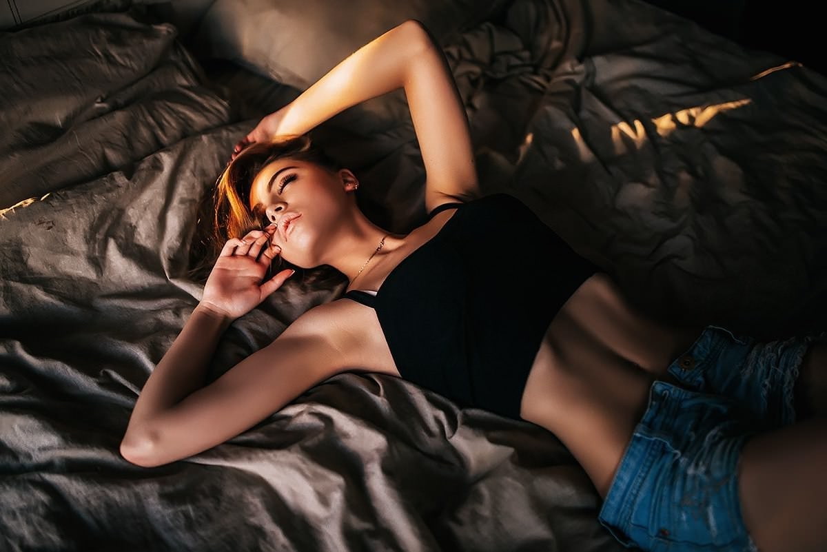 Jean Shorts, Closed Eyes, In Bed, women, 480P, Flat Belly, HD Wallpaper