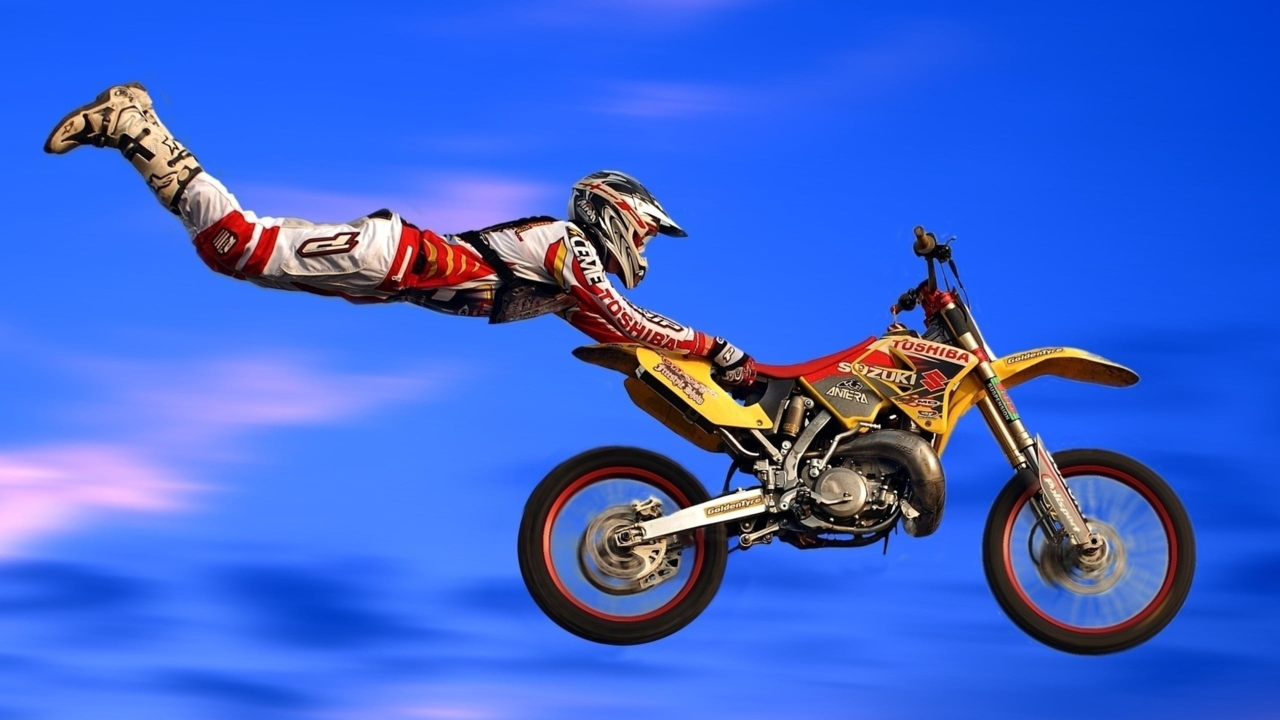 riding, sky, fun, wheel, adventure, jumping, sports Race, people, extreme Sports, flying, yellow, transportation, biker, activity, action, athlete, motocross, HD Wallpaper