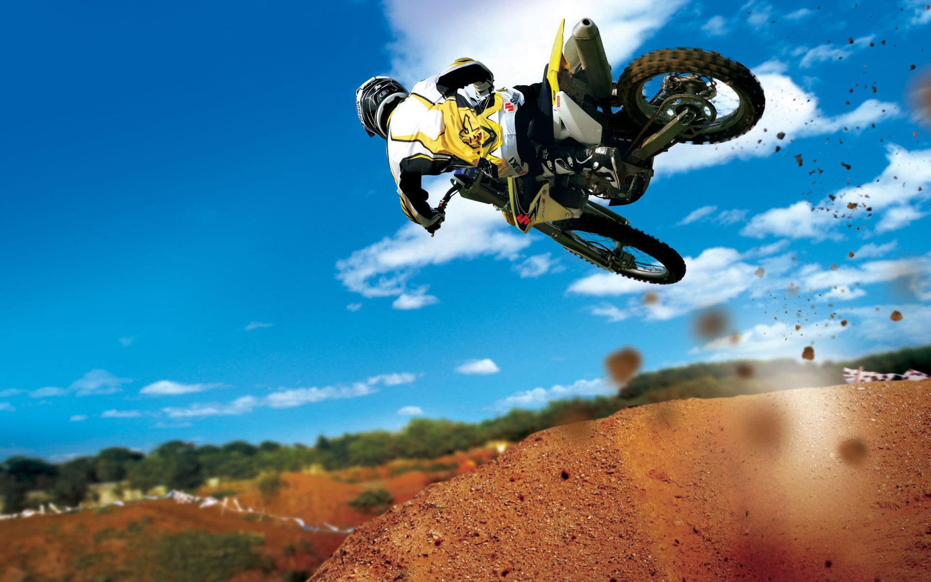 motocross, stunt, 1080P, yellow, white, motorbike, bikes and motorcycles, HD Wallpaper