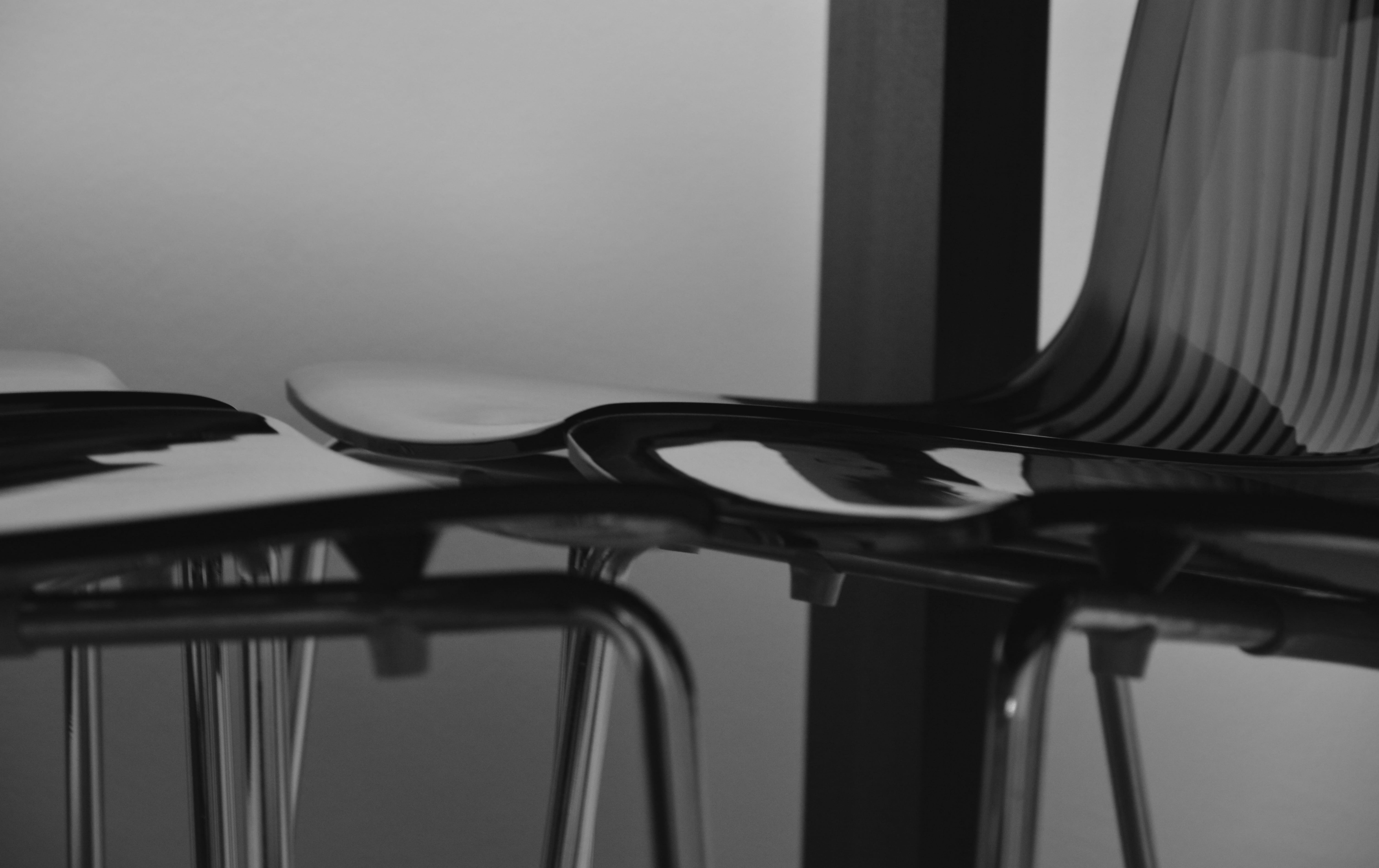 focus on foreground, absence, 5K, stack, white, table, still life, seat, day, close-up, coathanger, no people, black-and-white, chair, black, arrangement, HD Wallpaper