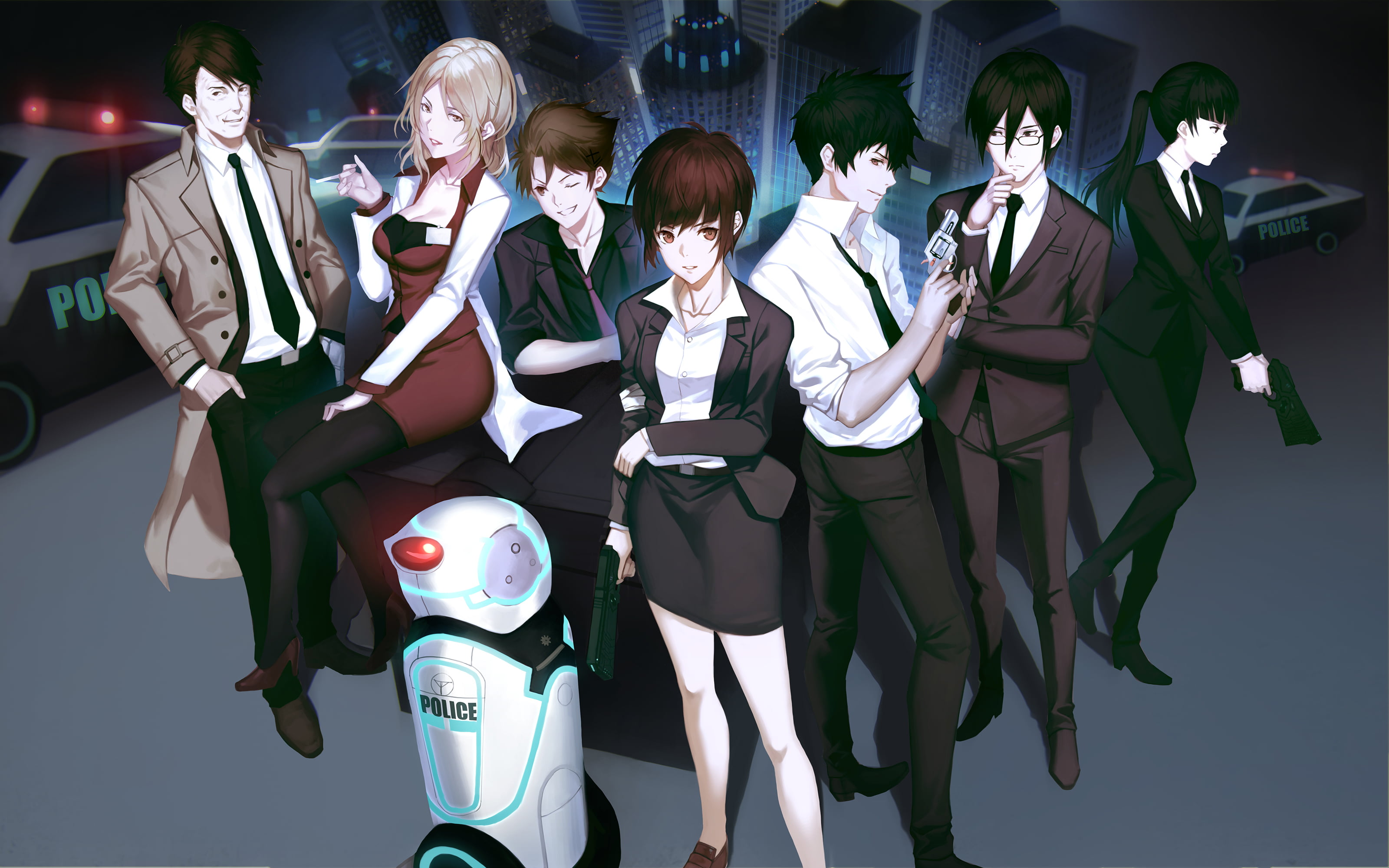 shion karanomori, adult, kagari shuusei, weapons, masaoka tomomi, clothing, young women, police, uniform, art, group of people, psycho-pass, human representation, HD Wallpaper
