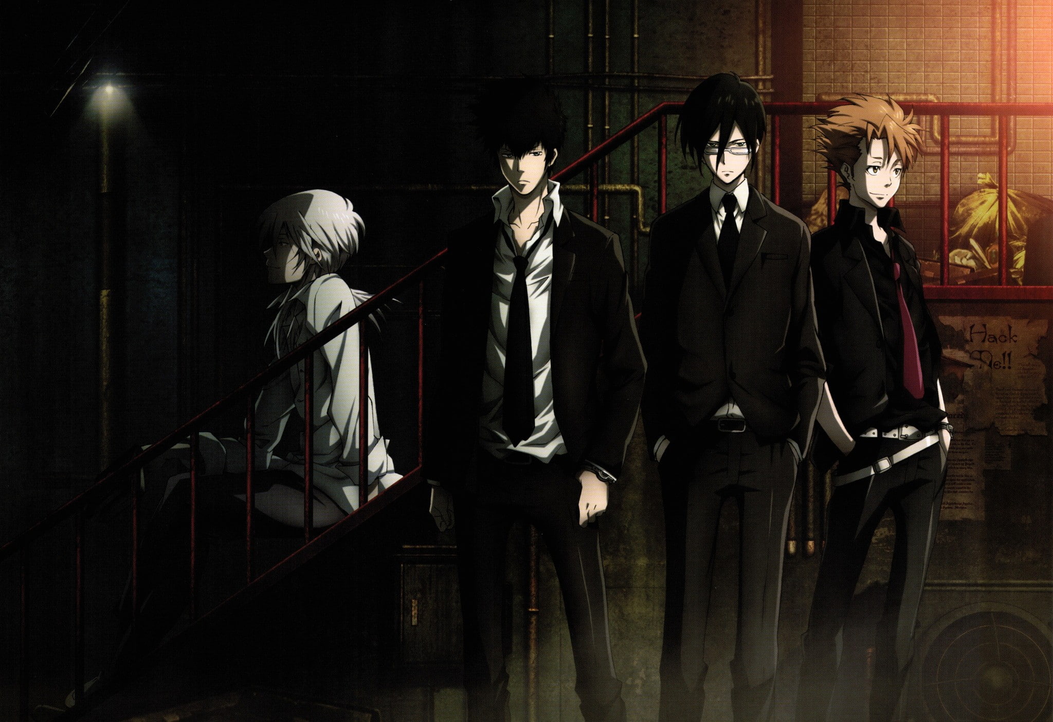 music, standing, performance, group of people, singer, suit, musician, indoors, digital composite, dark, people, men, architecture, singing, 1080P, psycho pass shinya kogami anime, HD Wallpaper
