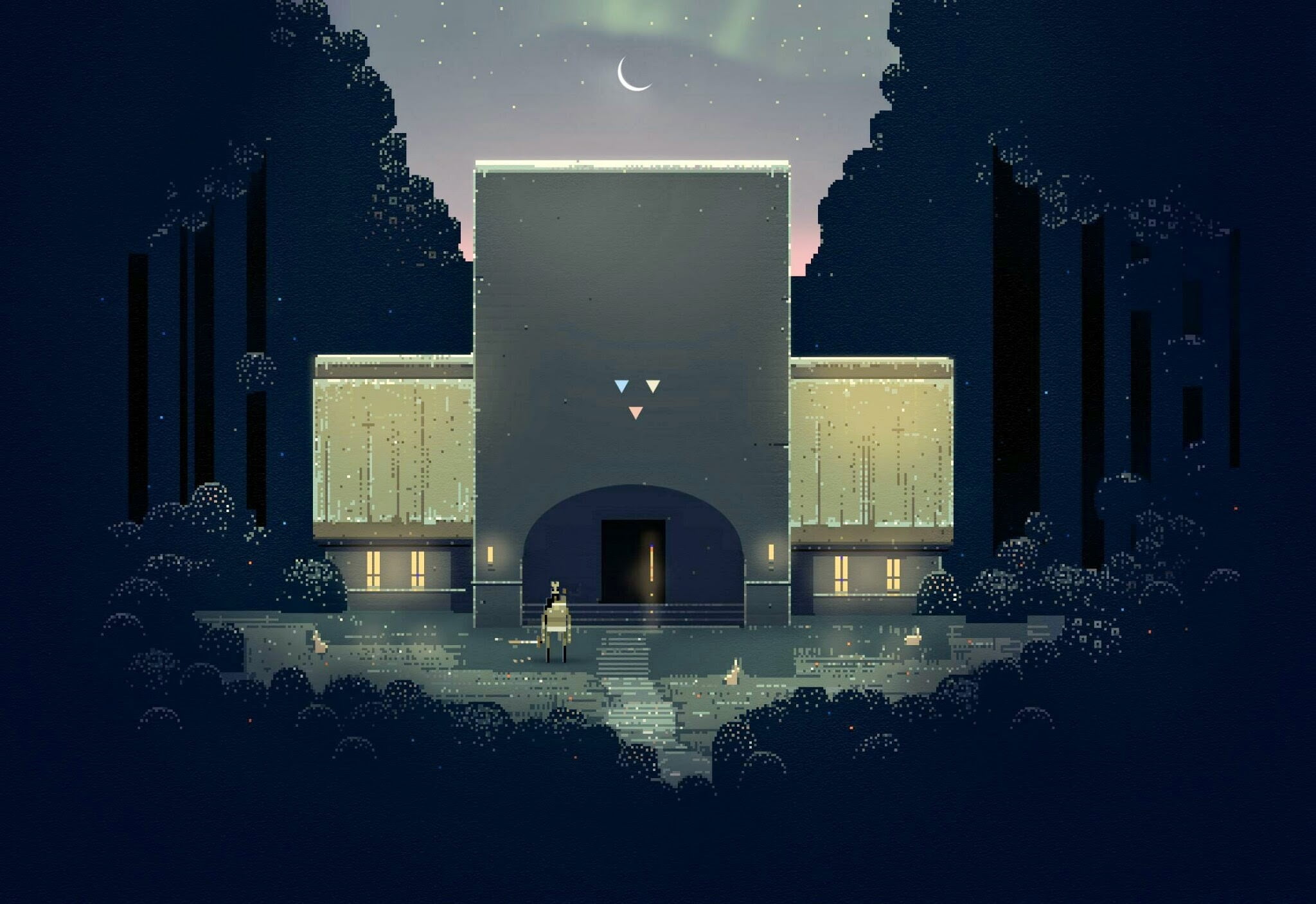 built structure, tree, arch, history, reflection, gray, outdoors, building exterior, growth, 1080P, plant, architecture, no people, illuminated, pixel art, HD Wallpaper