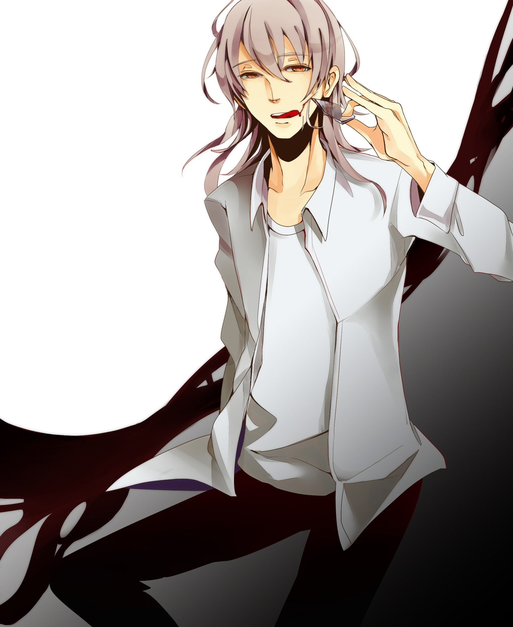 gray, blood, 1080P, boys, orange, hair, t shirts, broken, glass, psycho pass, pants, shougo, anime, tongue, long, eyes, makishima, shirts, Phone HD Wallpaper