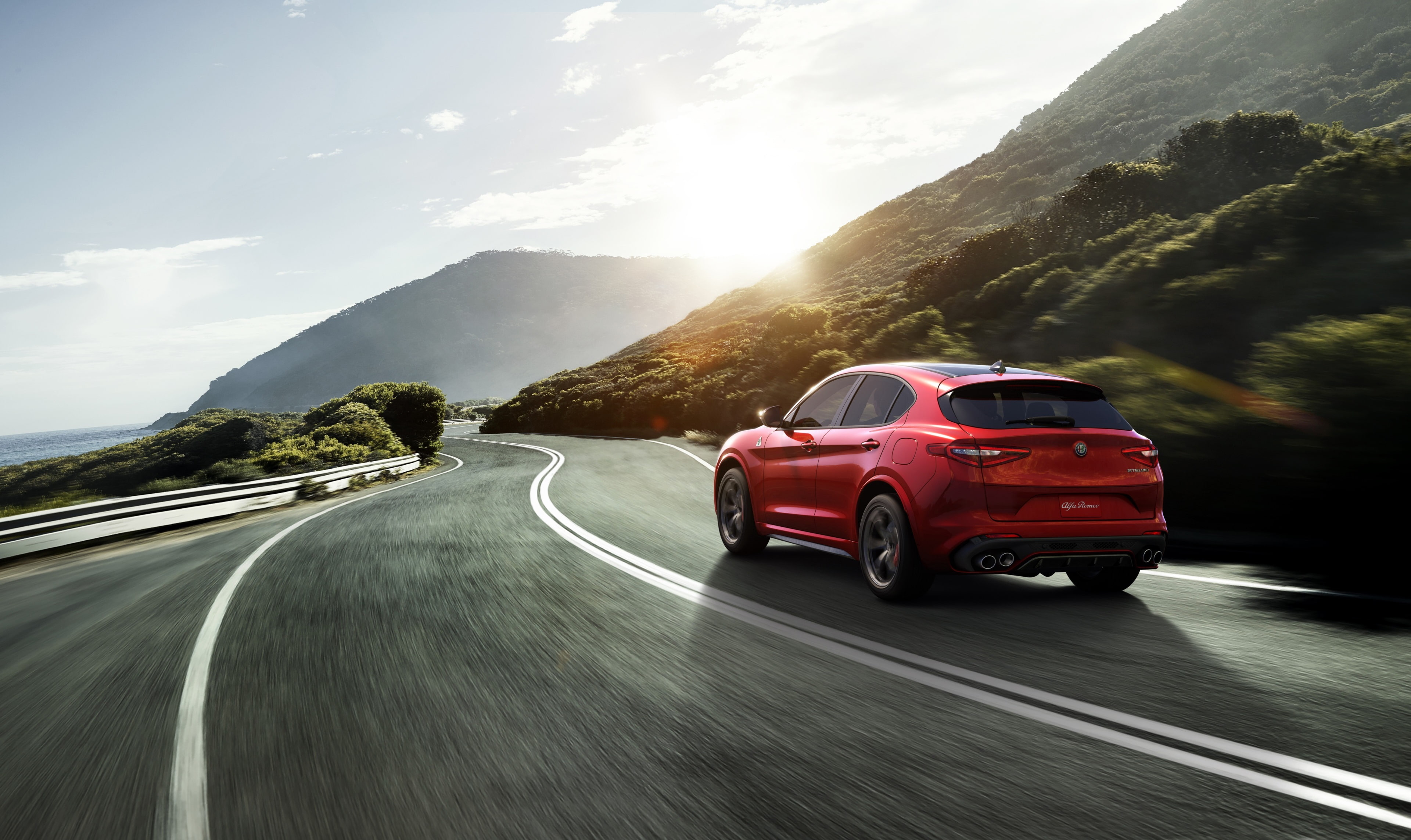 direction, land vehicle, red, mode of transportation, road, sky, 4K, curve, mountain, lens flare, motor vehicle, car, travel, nature, sunlight, alfa romeo stelvio quadrifoglio 4k  for mac desktop, HD Wallpaper