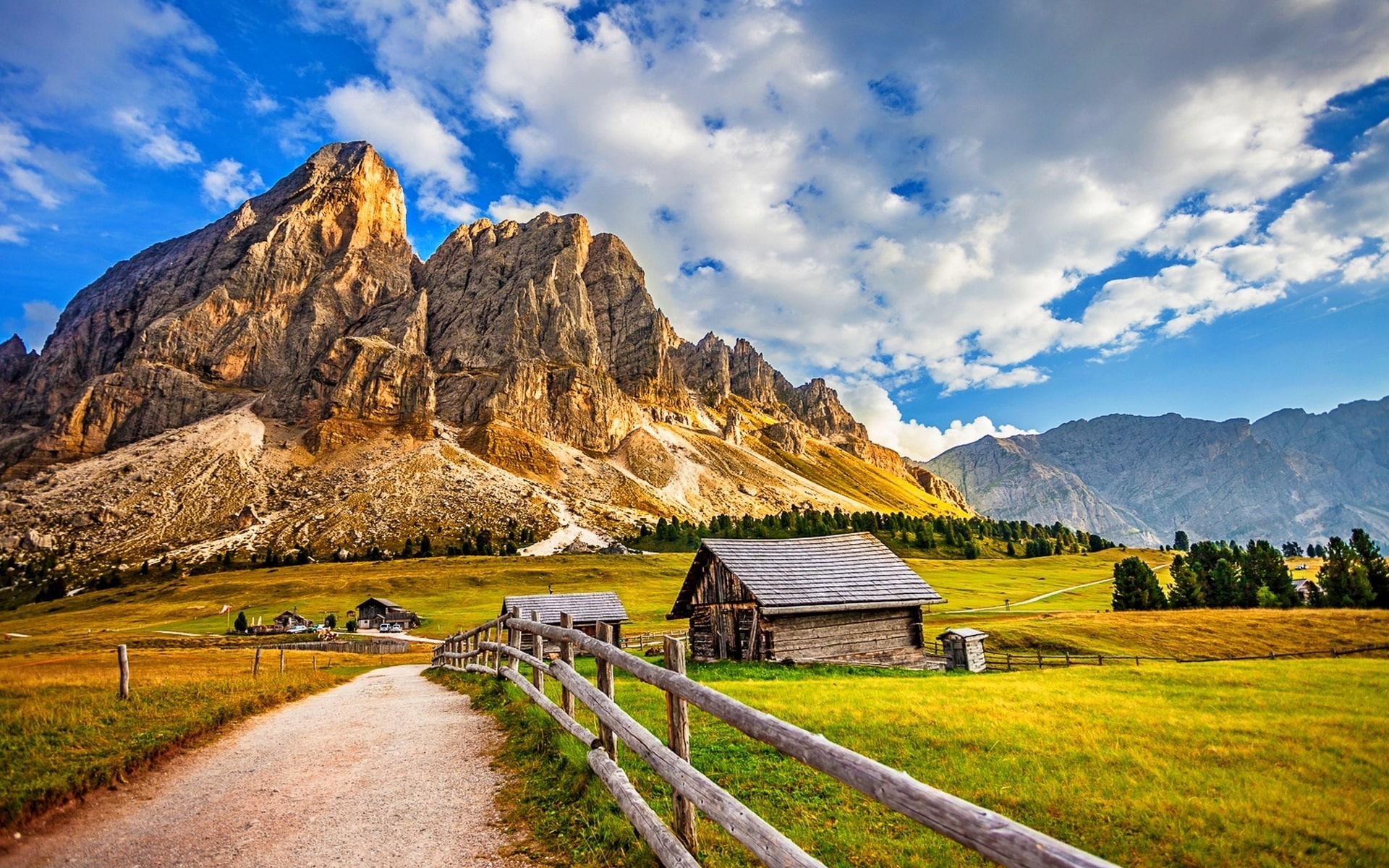 Grass, cabin, Mountains, Fence, Road, 1080P, Trees, green, mountain, House, brown, Clouds, HD Wallpaper