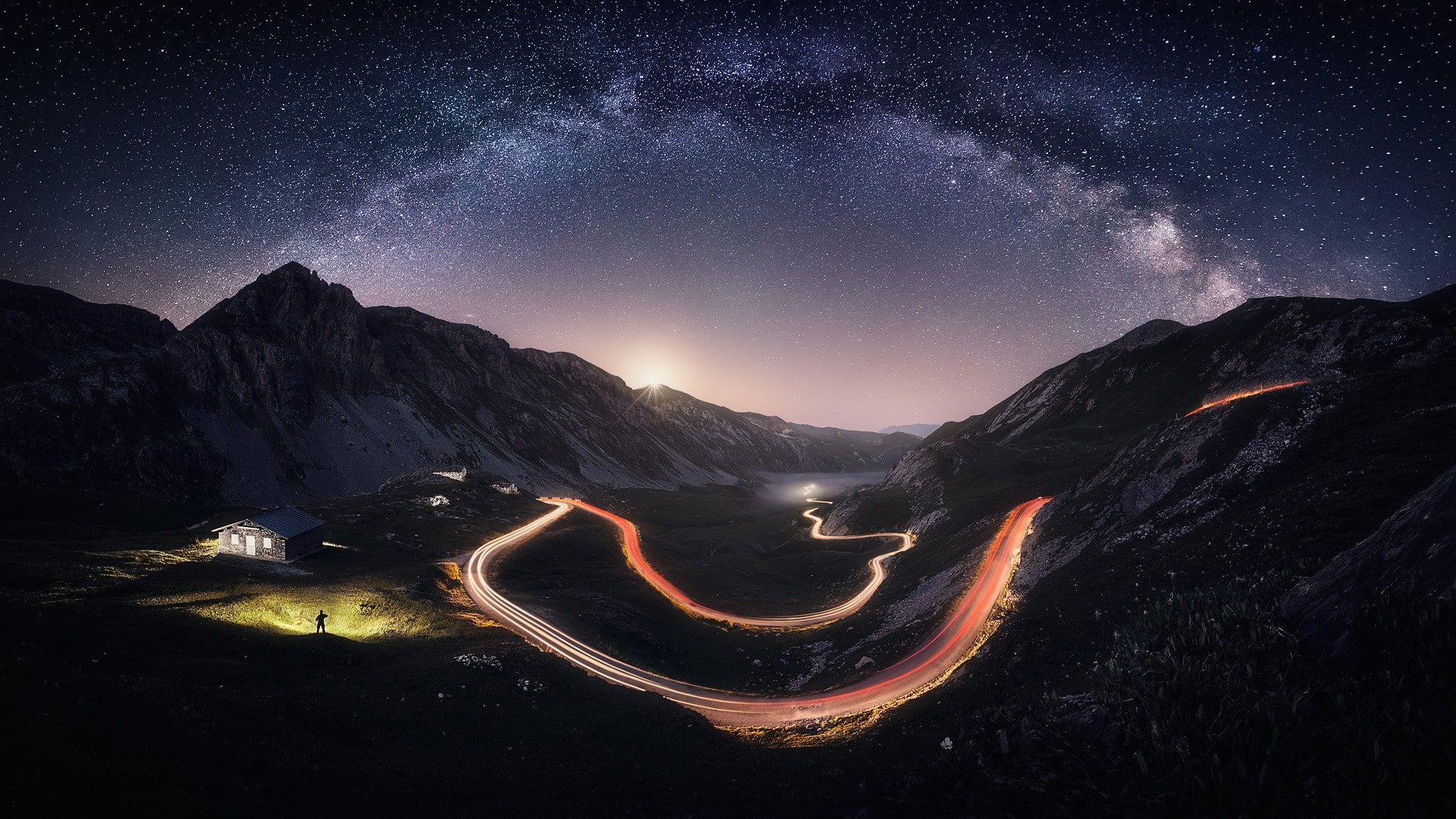 nature, Milky Way, starry night, house, long exposure, lights, road, Italy, 1080P, landscape, mountains, HD Wallpaper