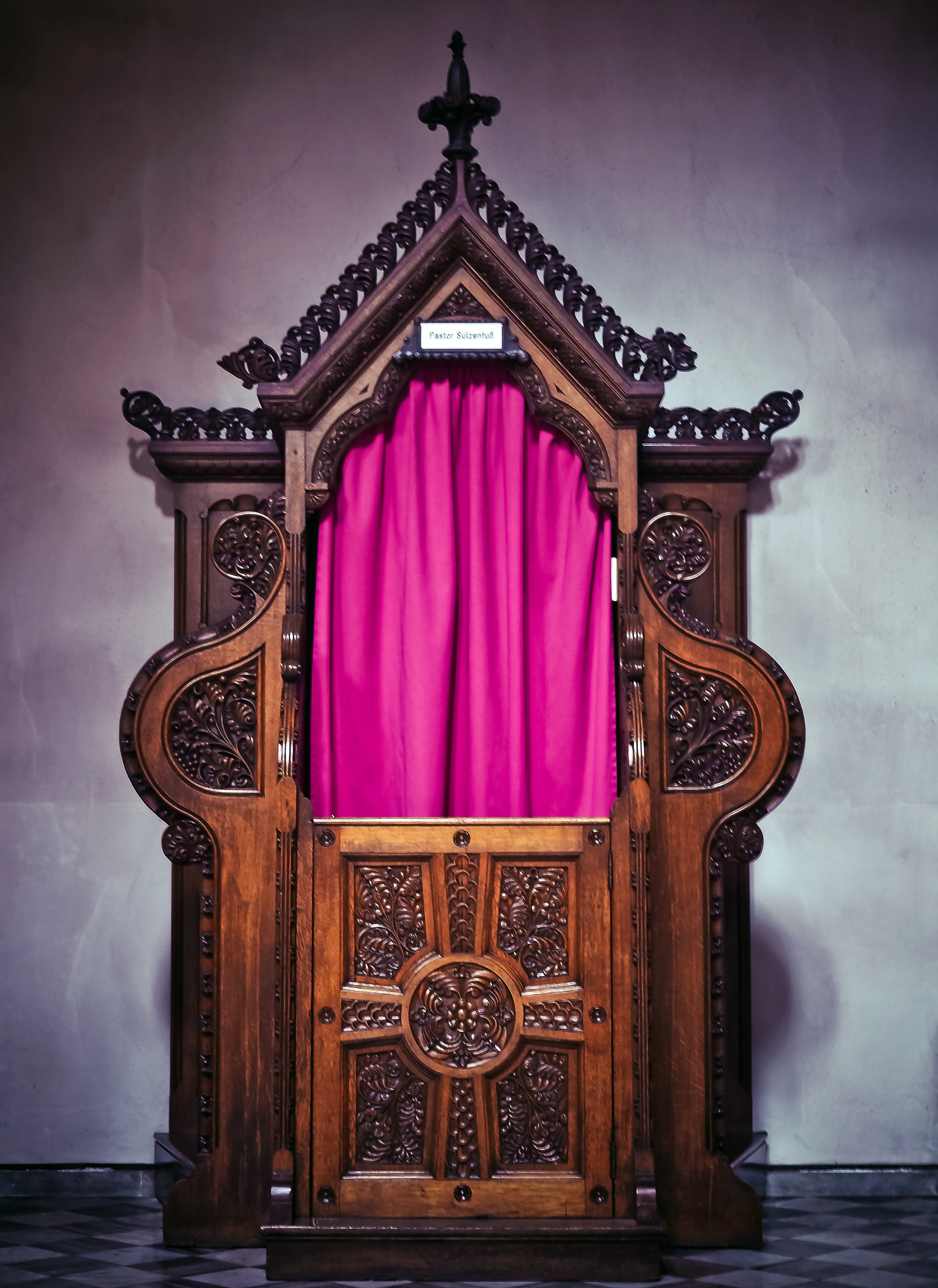 4K, sacrament of penance, architecture, brown, confessional, furniture pieces, elegance, religion, luxury, catholic church, pattern, door, history, design, Phone HD Wallpaper