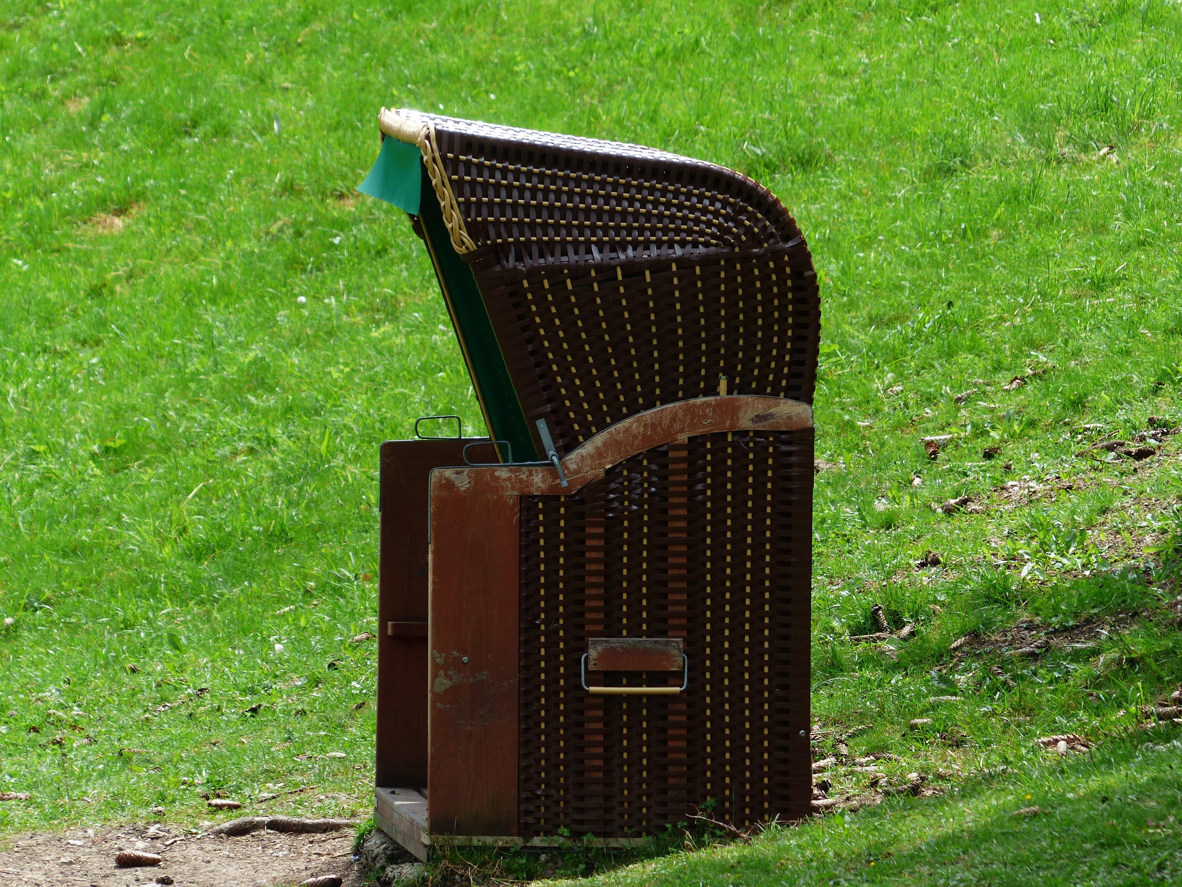 day, technology, rest, brown, metal, growth, sunlight, green color, wind protection, chair, abandoned, sport, grass, container, equipment, nature, high angle view, HD Wallpaper