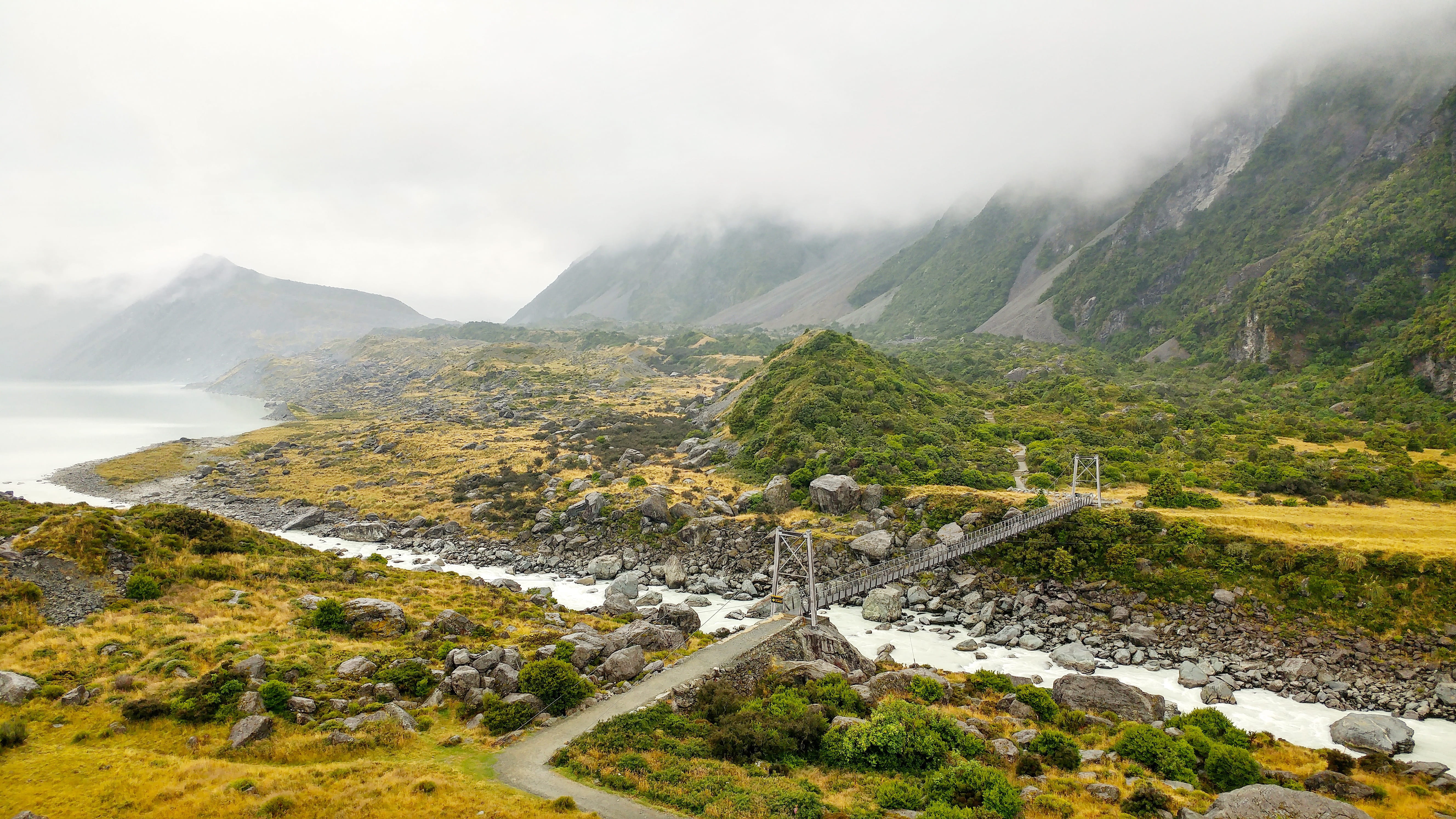 5K, landscape, bridge, high angle view, environment, mountains, new zealand, plant, mountain, river, day, road, nature, outdoors, scenics - nature, beauty in nature, HD Wallpaper