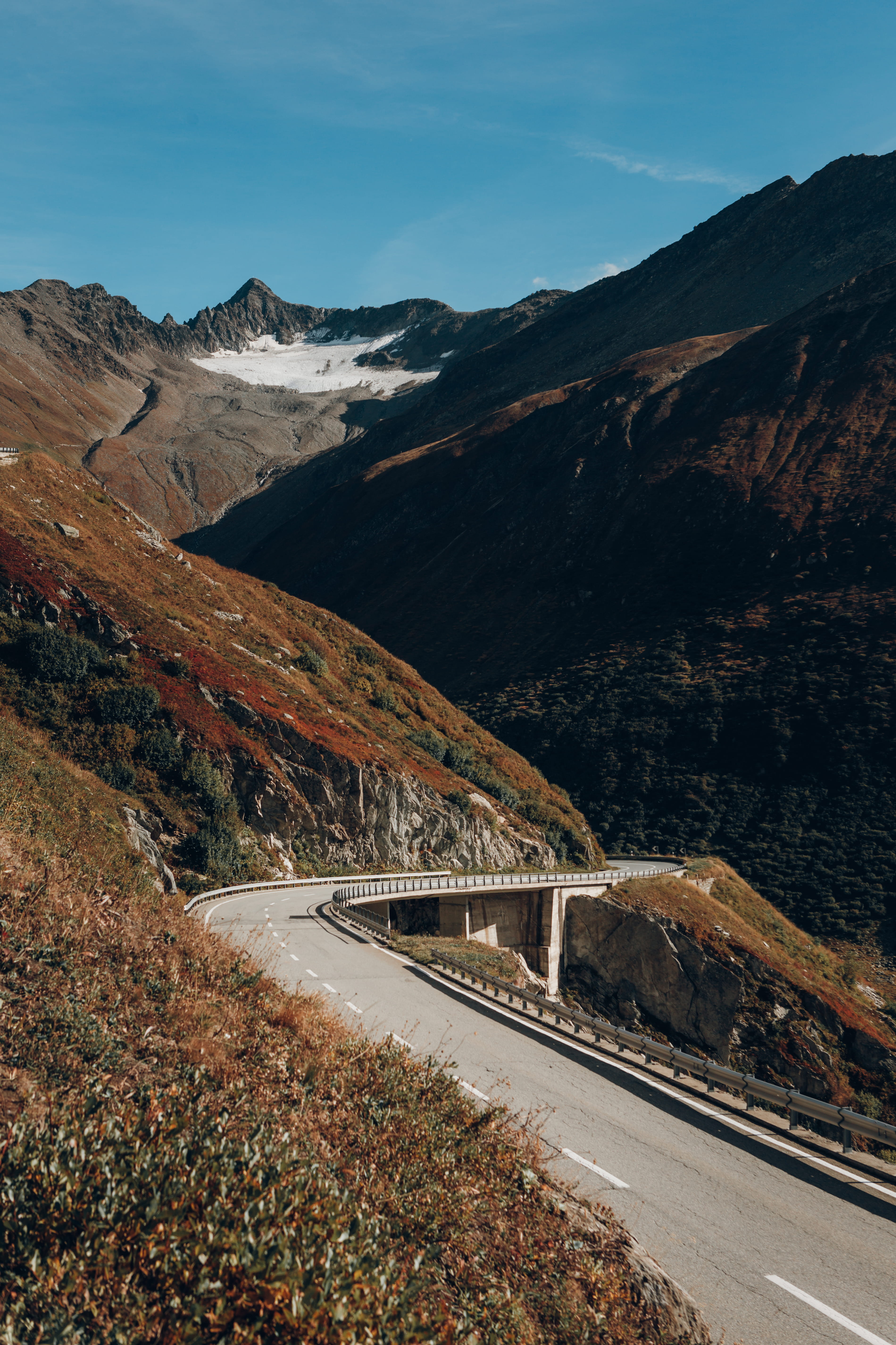 no people, beauty in nature, mountain road, landscape, built structure, outdoors, environment, road, mountain range, obergoms, transportation, sky, tranquil scene, Phone HD Wallpaper