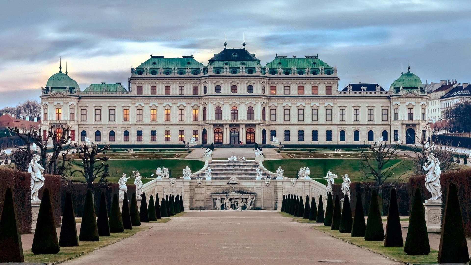 architecture, direction, nature, the past, building, mansion, built structure, history, treelined, upper belvedere palace, the way forward, cloud - sky, HD Wallpaper