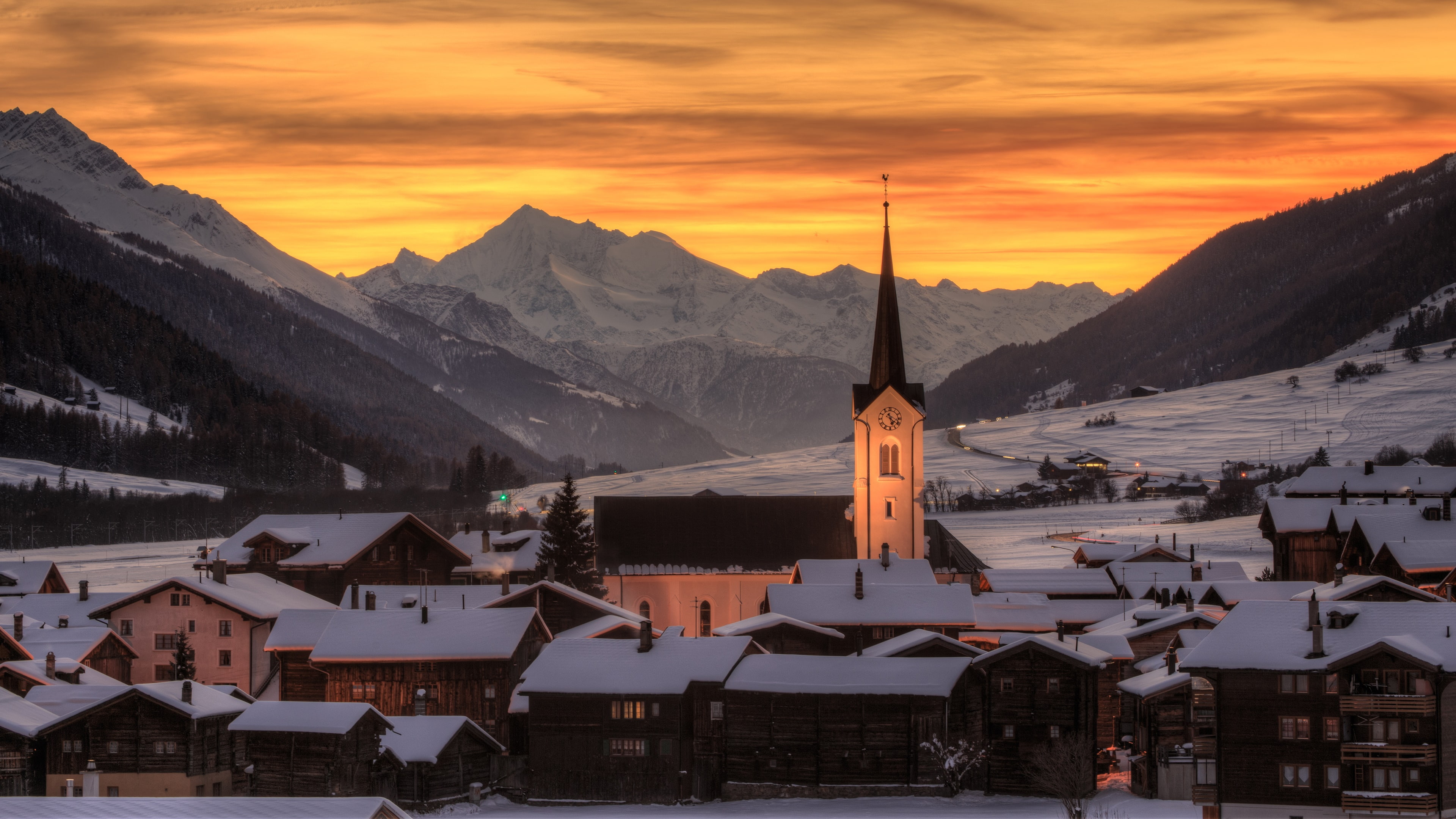 4K, switzerland, goms, winter, ulrichen, orange sky, church, obergoms, winter sunset, europe, sunset, mountain village, HD Wallpaper