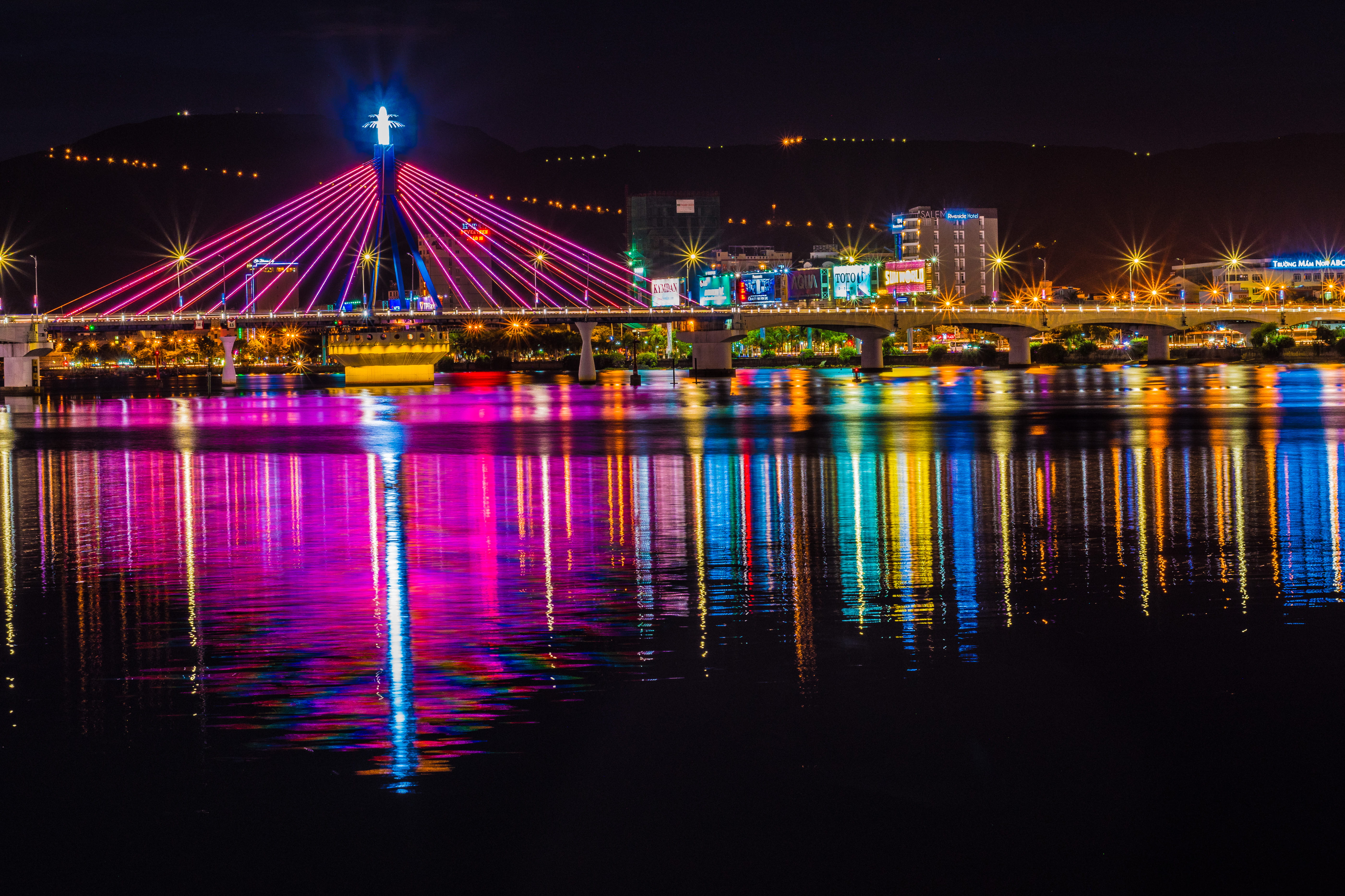 lighting, sky, multi colored, laser, danang, light, night life, club, nature, long exposure, lighting equipment, bridge, waterfront, connection, night, HD Wallpaper