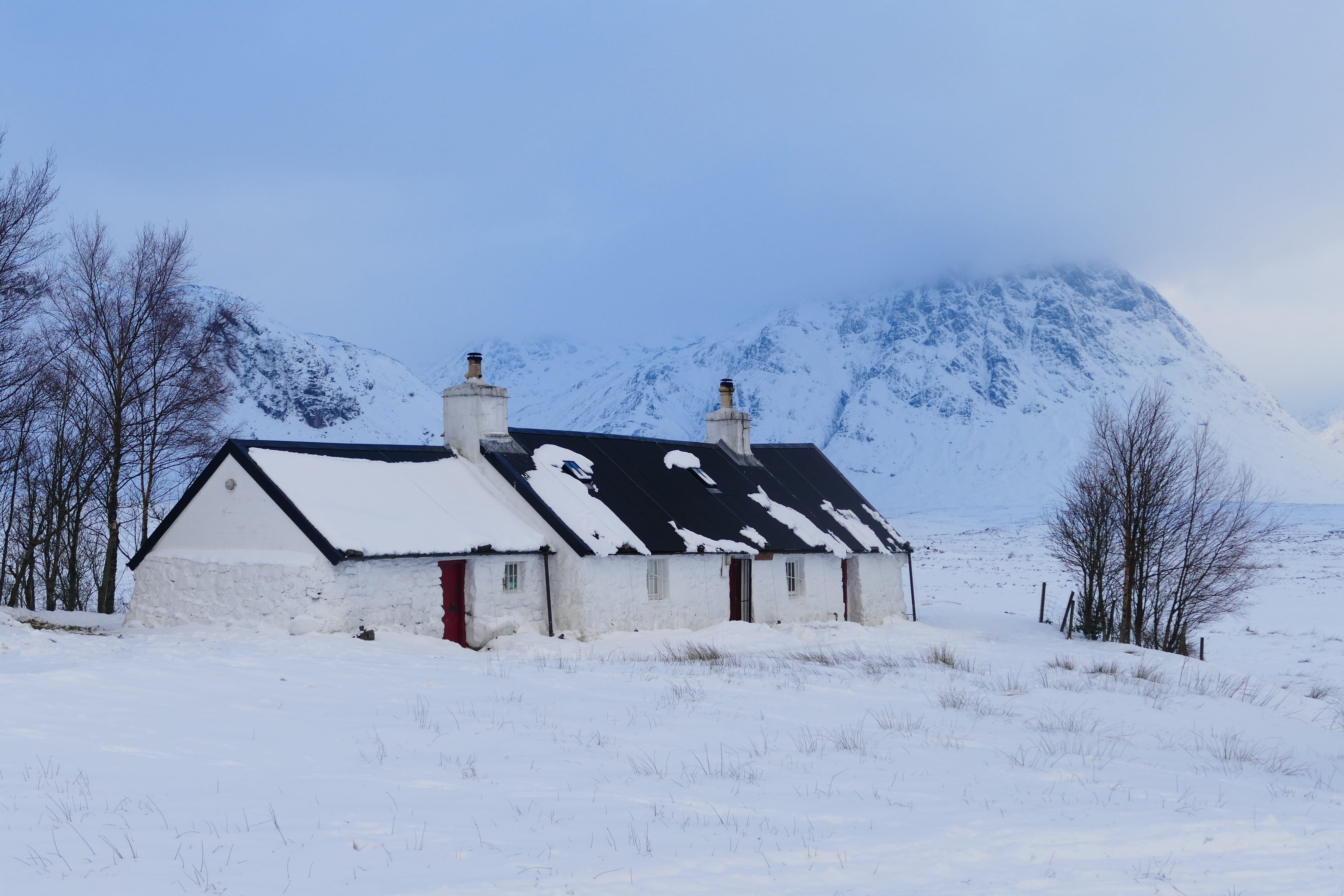 concrete, house, nature, 5K, glencoe, mountain cabin, landscape, mountain house, sky, tree, mountain, white color, cottage, no people, built structure, HD Wallpaper