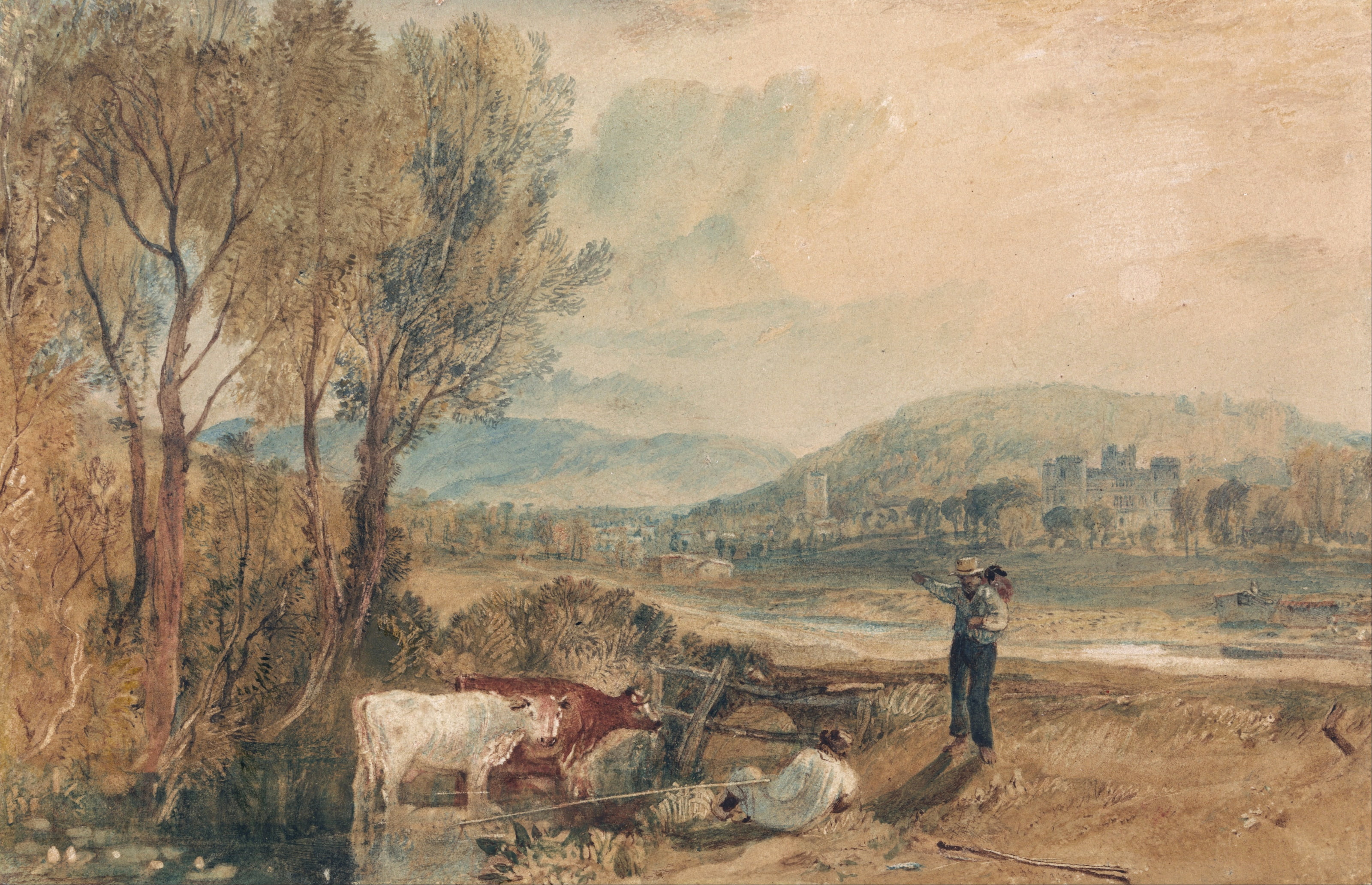 2K, Dorset, shepherd, watercolor, William Turner, mountains, Castle Lulworth, river, landscape, cows, picture, HD Wallpaper