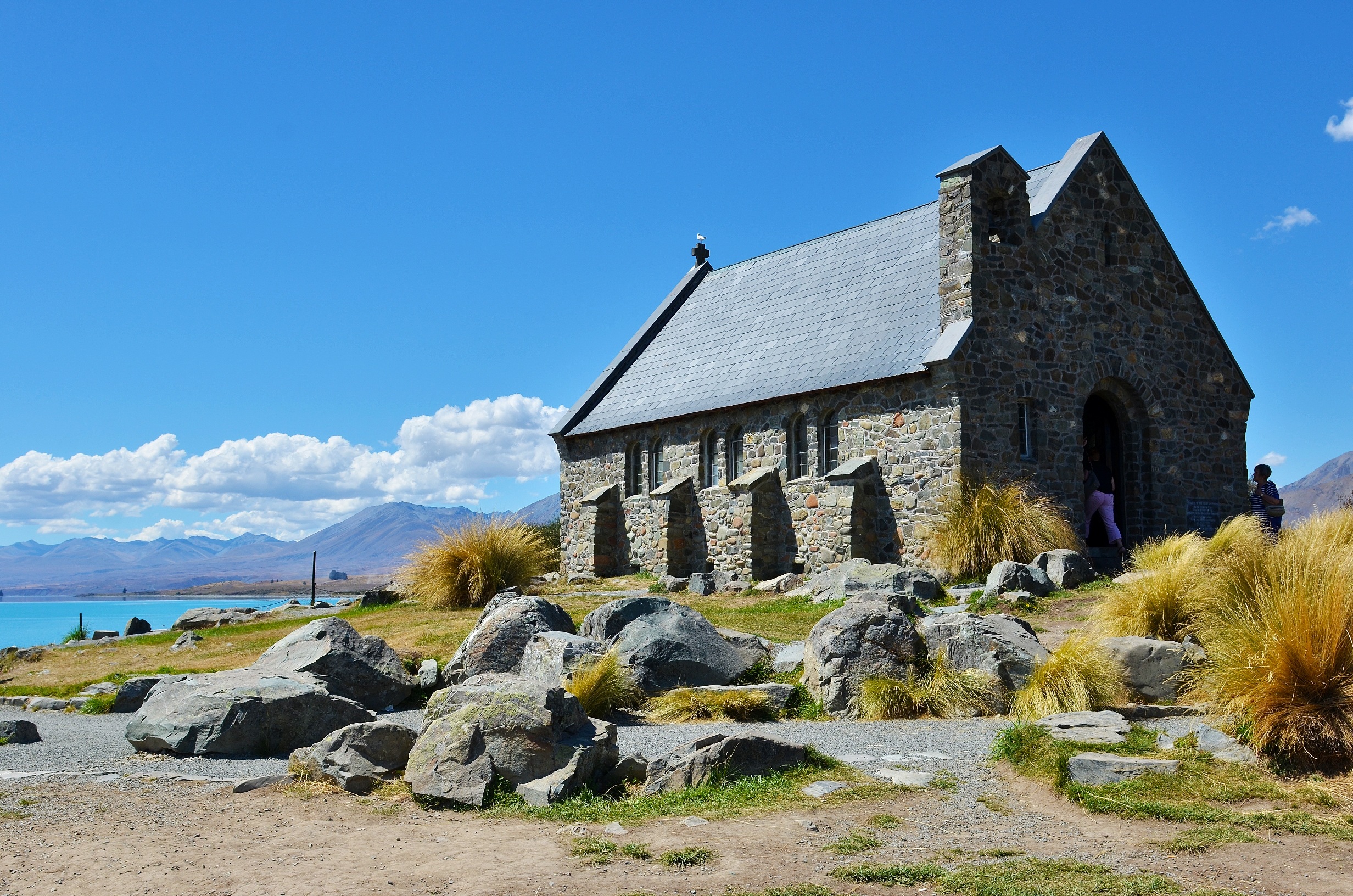 building exterior, rock - object, outdoors, field, water, shepherds chapel, stone house, gray, belief, building, near, rock, travel destinations, grass, HD Wallpaper