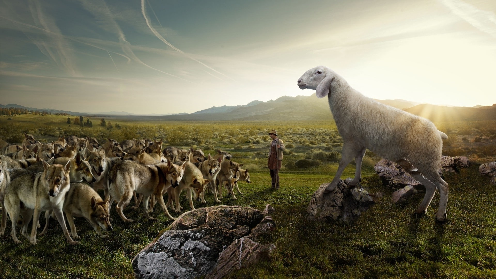 outdoors, vertebrate, herd, sunbeam, animal themes, mountains, sheep, field, domestic animals, group of animals, sky, men, wolf, cloud - sky, no people, HD Wallpaper