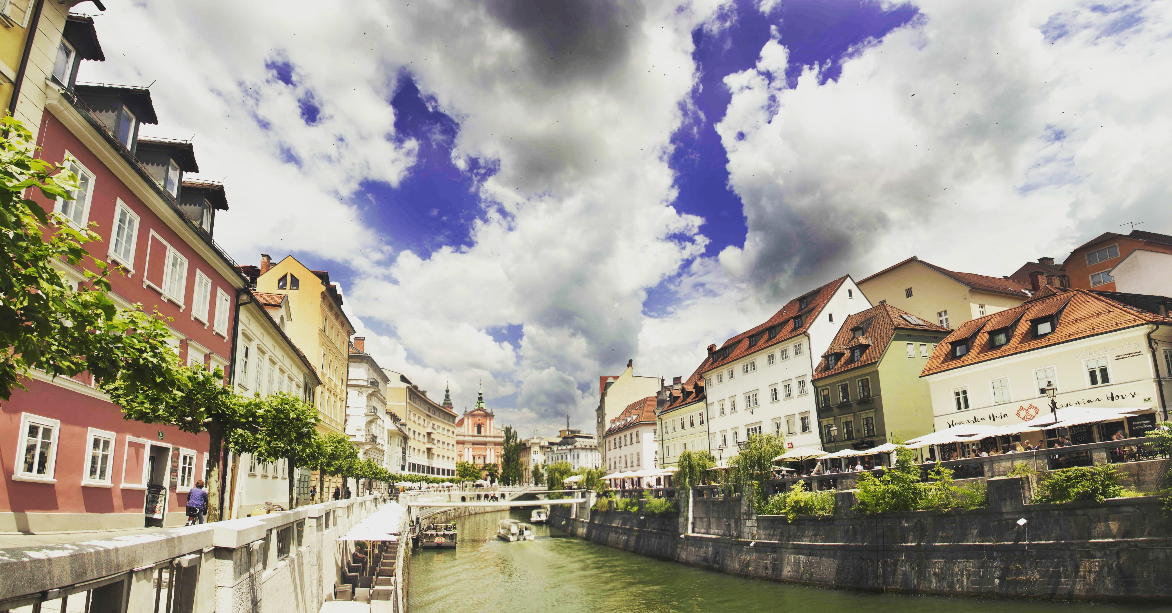 4K, near, row house, buildings, bridge, river, grey, built structure, white, cloud - sky, blue, nature, day, transportation, building, house, outdoors, HD Wallpaper