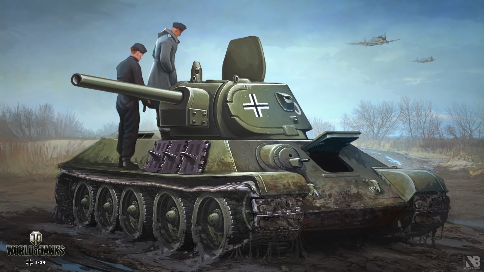 trophy, figure, aircraft, dirt, road, Soviet, average, the sky, art, World of Tanks, 1080P, Nikita Bolyakov, tank, autumn, the Germans, T-34-76, HD Wallpaper