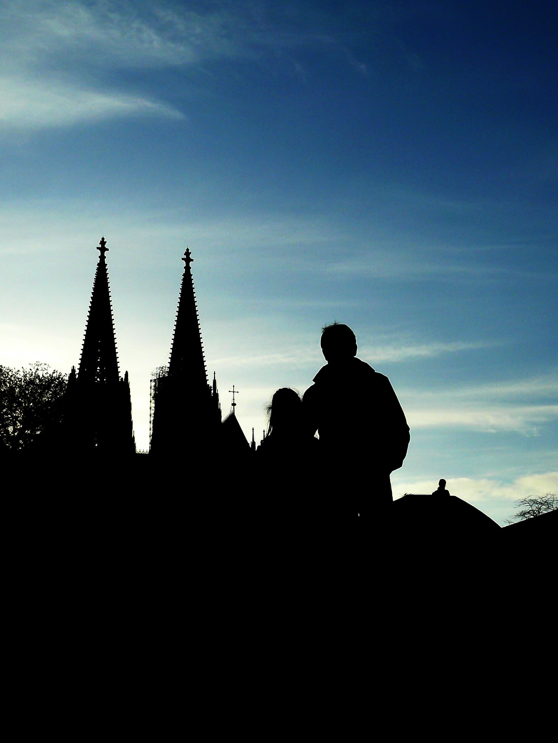 silhouette, 1080P, landmark, nature, cloud - sky, place of worship, black, outdoors, spire, child, built structure, sky blue, church, men, cathedral spiers, Phone HD Wallpaper