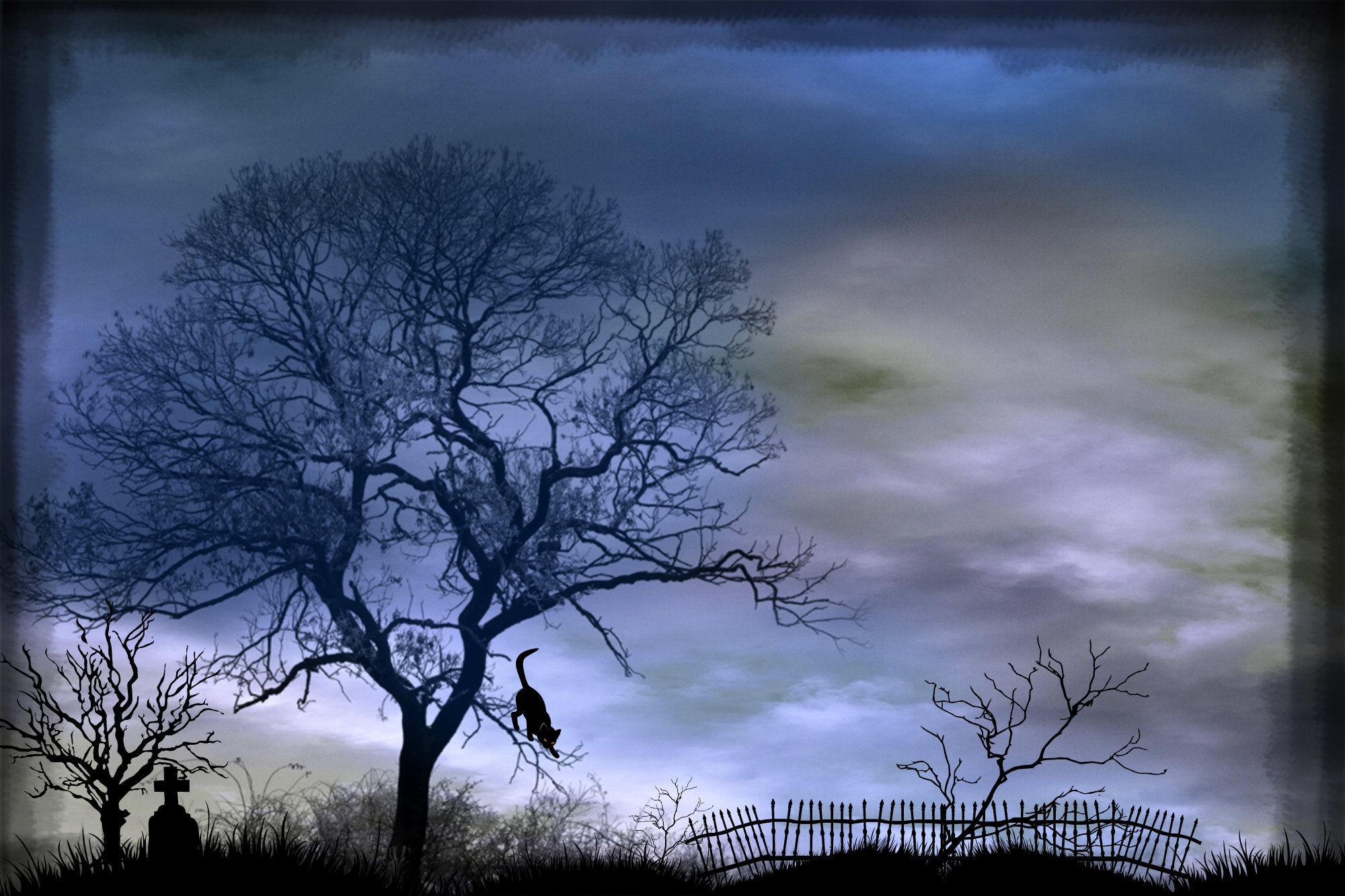 mood, scenics - nature, transfer print, shadow, scene, mystical, icy, auto post production filter, silhouette, animal, light, climb, branch, tombstone, HD Wallpaper