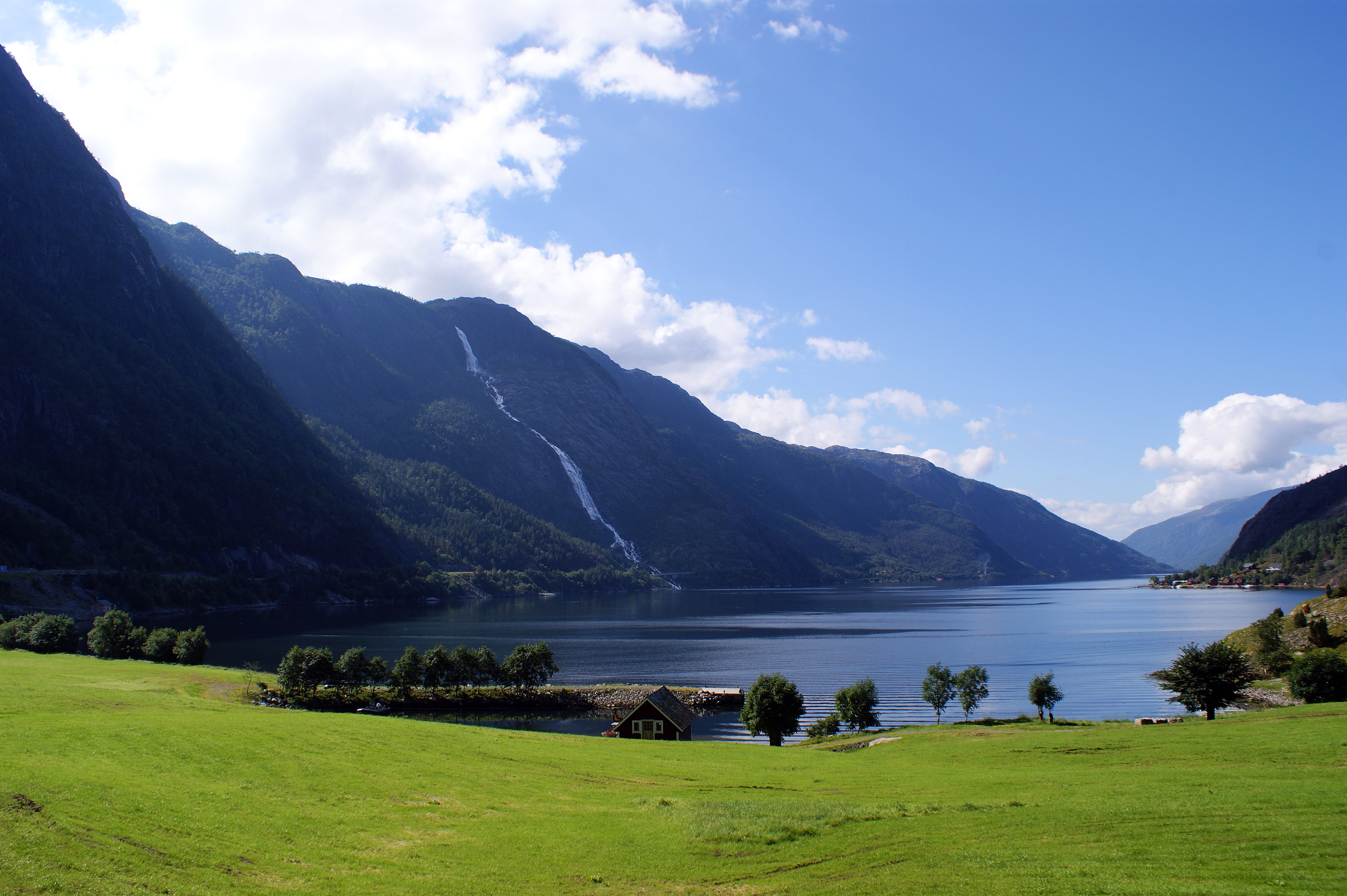 clodus, mountains, skies, landskap, outdoors, nature, Hordaland, field, fosser, blue skies, blue, 4K, body of water, Langfoss, water, Norway, lake, body, HD Wallpaper