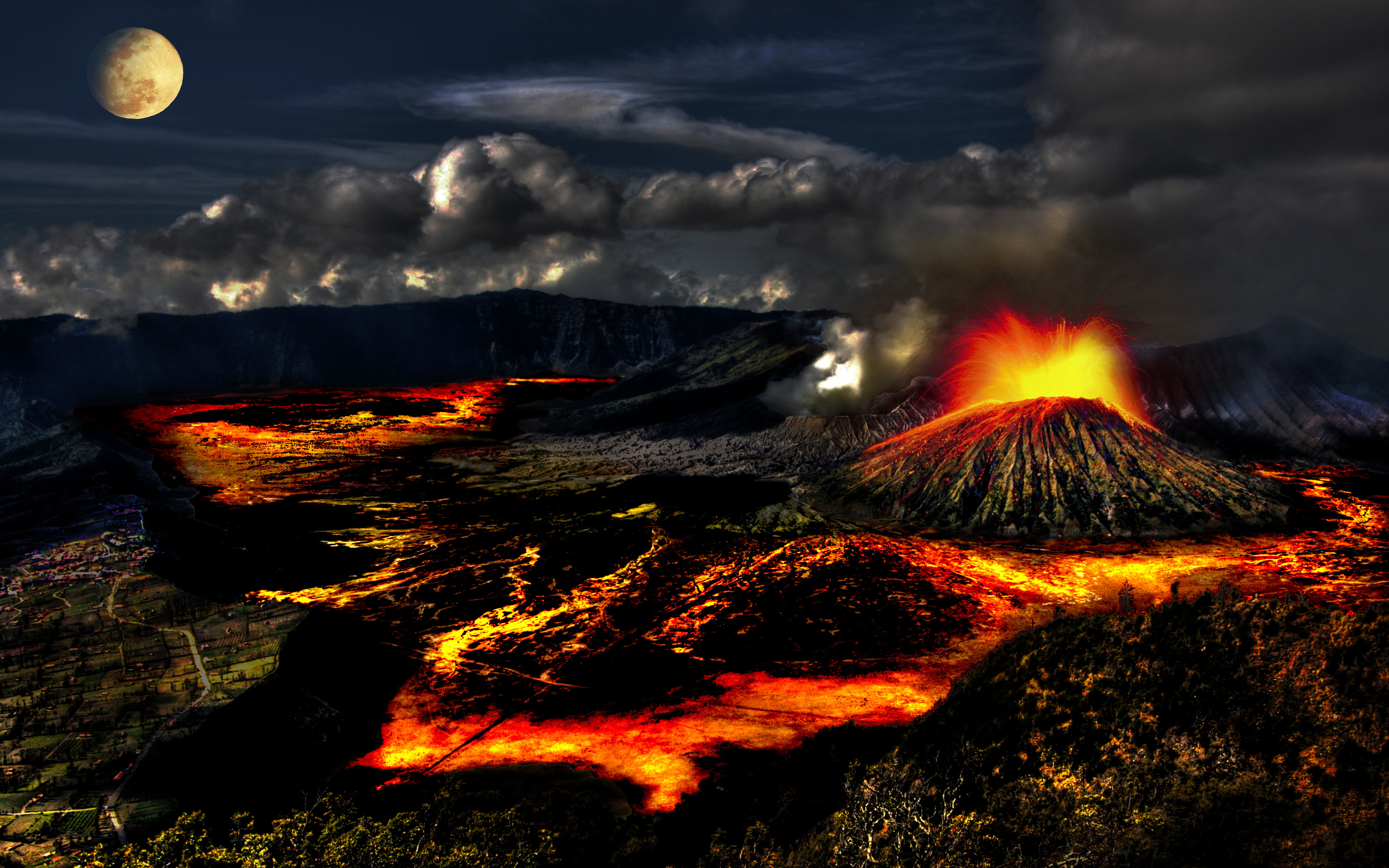 lava, night, cloud - sky, sky, 4K, outdoors, land, power in nature, burning, active volcano, geology, crater, no people, nature, erupting, volcano, smoke - physical structure, HD Wallpaper