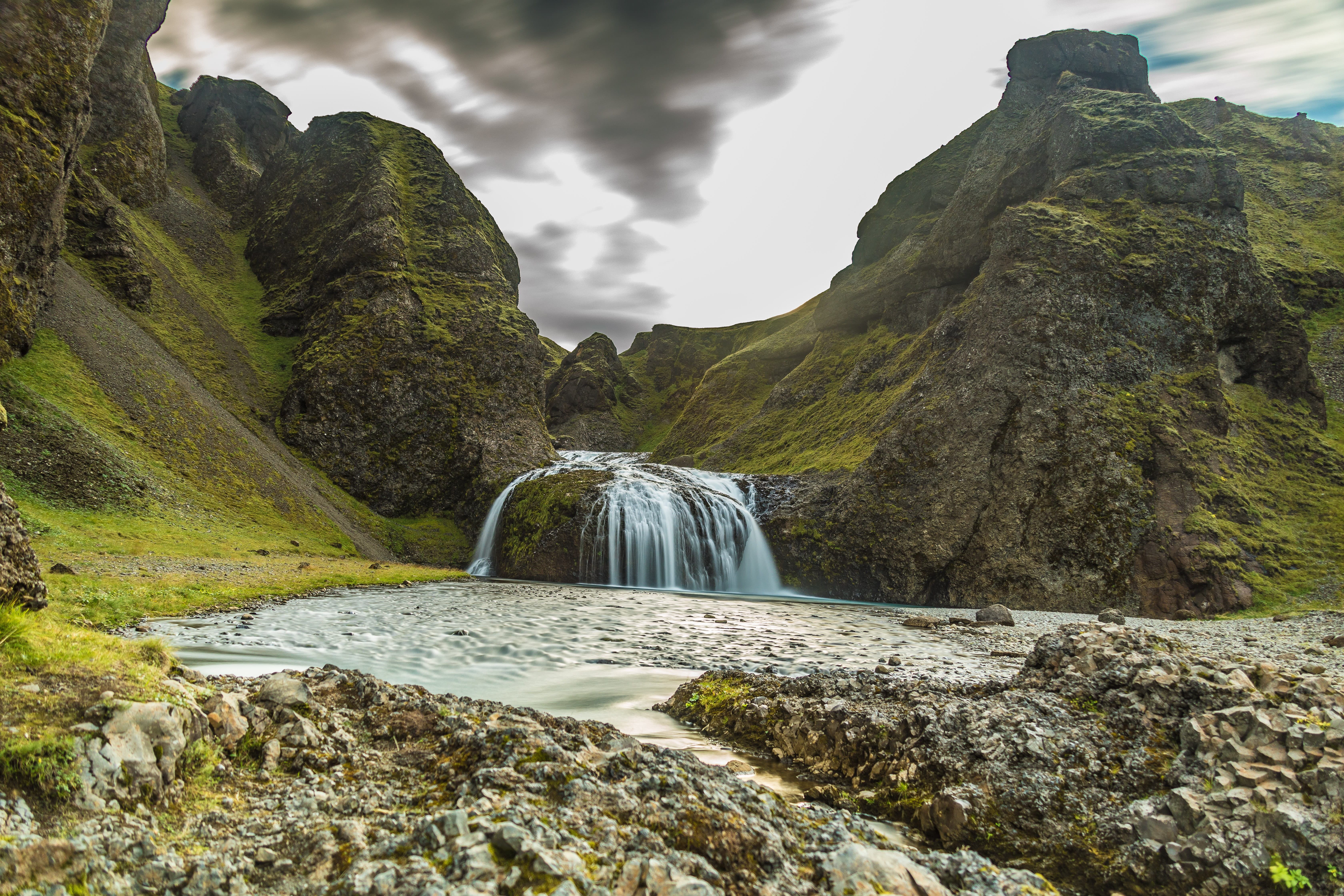 tranquil scene, rock, tourism, flowing, flowing water, river, mountain peak, rock - object, scenics - nature, holiday, no people, waterfall, land, moss, HD Wallpaper