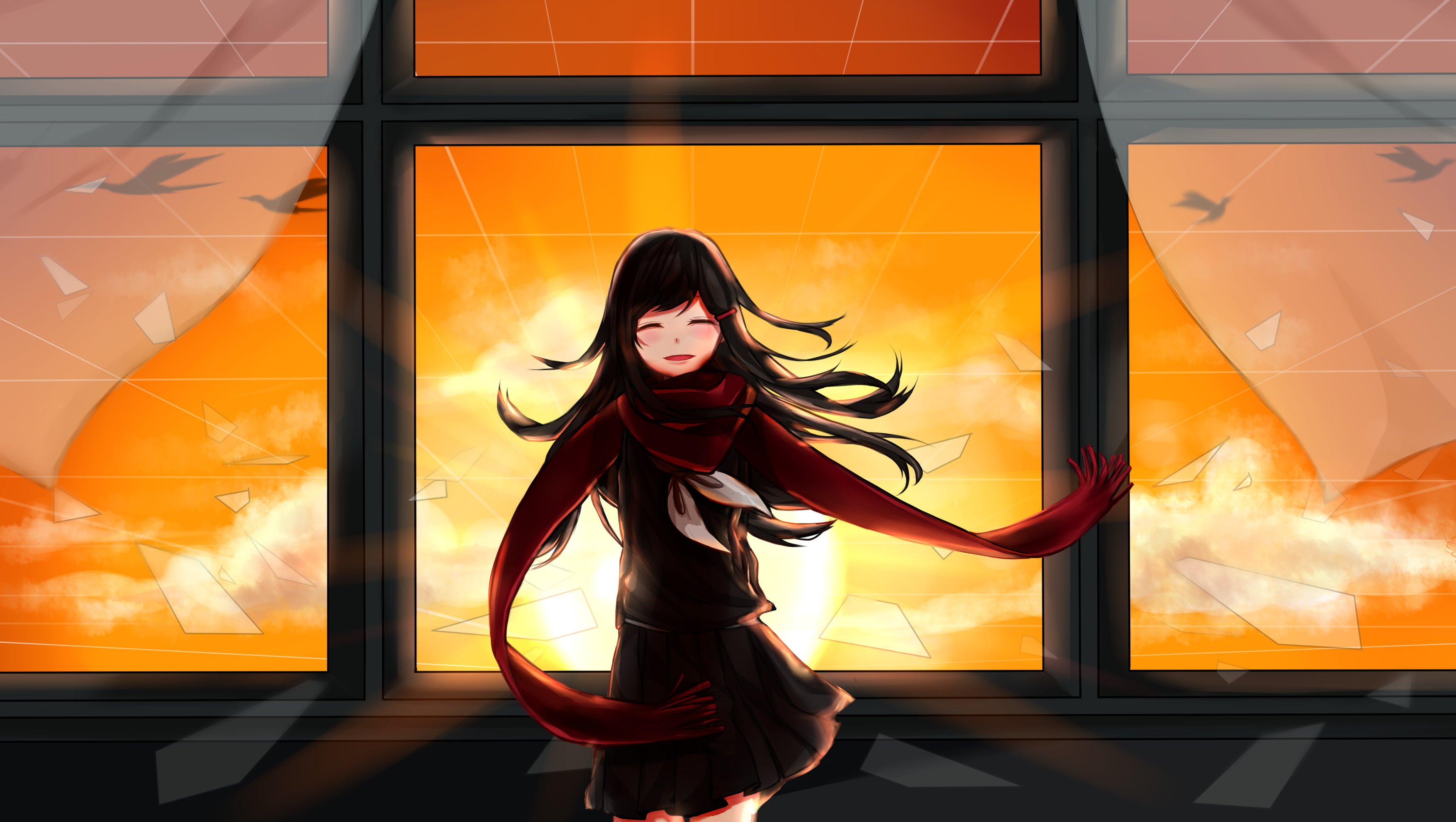 anime girls, Tateyama Ayano, 2K, sunset, Kagerou Project, long hair, anime, black hair, birds, HD Wallpaper