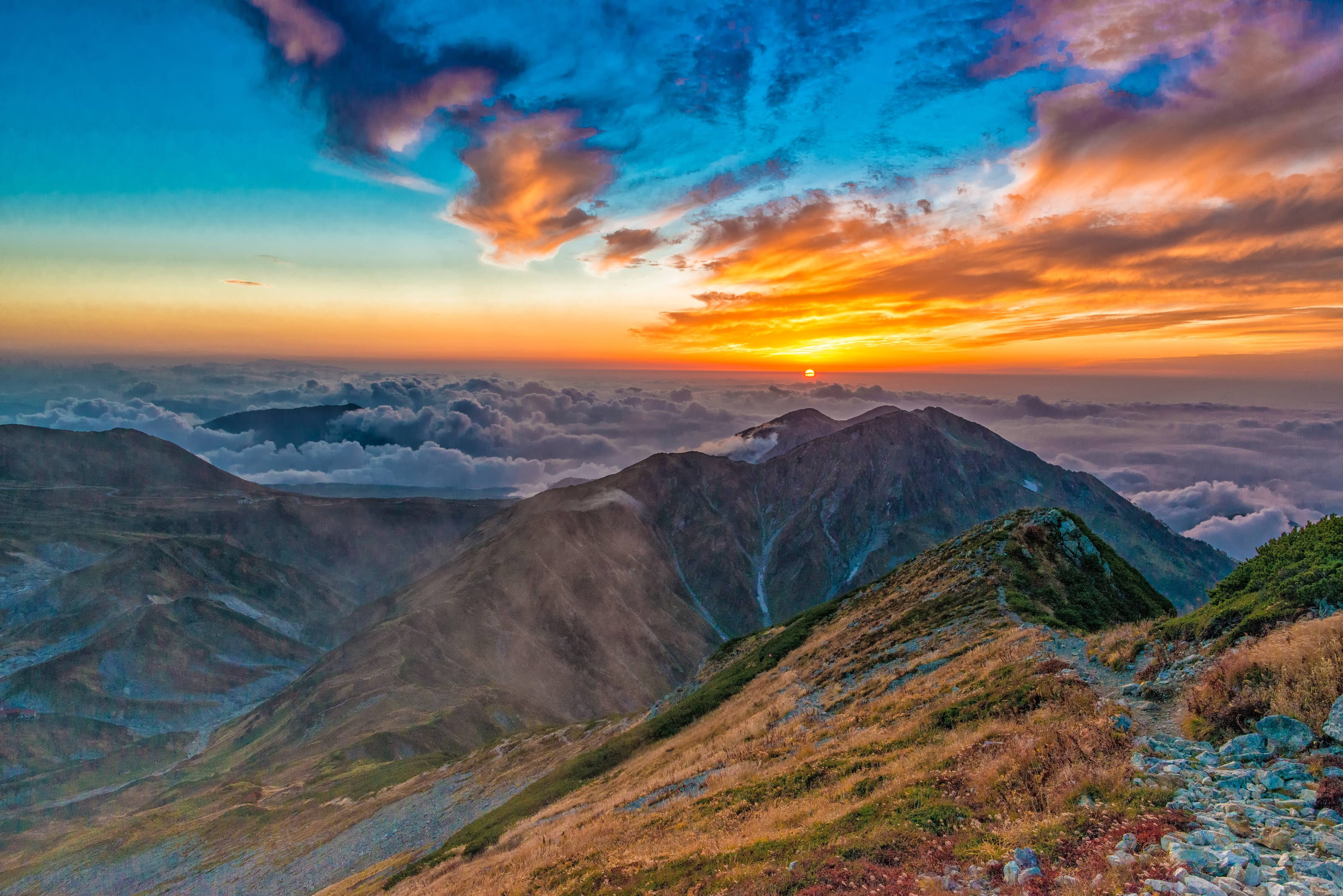 dramatic sky, alps, non-urban scene, landscape, no people, tranquility, sky, land, scenics - nature, outdoors, beauty in nature, sunset, northern, mountain, HD Wallpaper