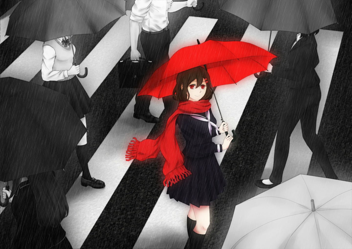 rain, hair, ayano, water, project, red, umbrella, seifuku, 720P, polychromatic, tohey, scarf, eyes, tateyama, kagerou, brown, HD Wallpaper