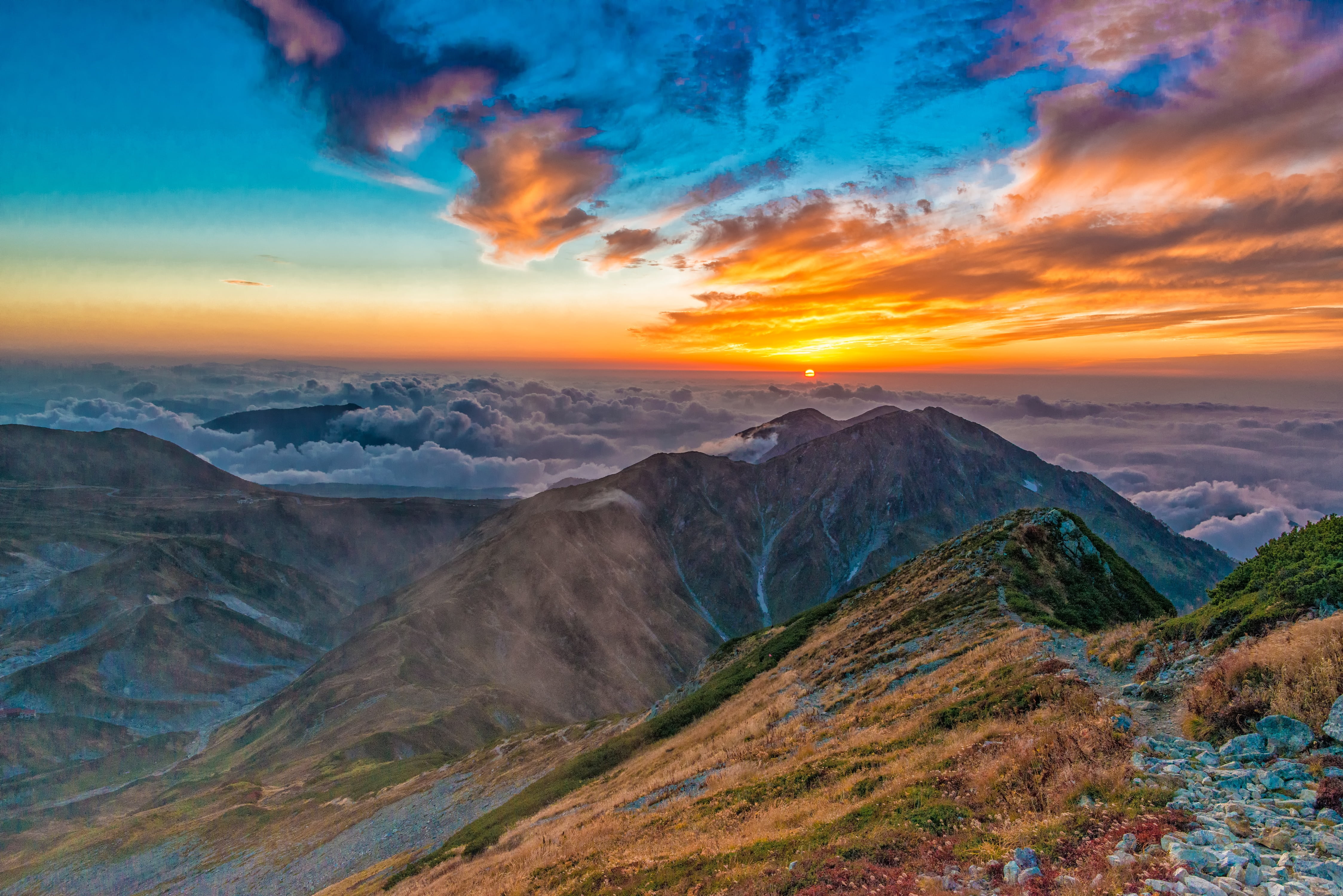 mountain, dramatic sky, scenics, mountain range, sunset, japan, travel, no people, sky, september, outdoors, travel destinations, land, aerial, landscape, HD Wallpaper