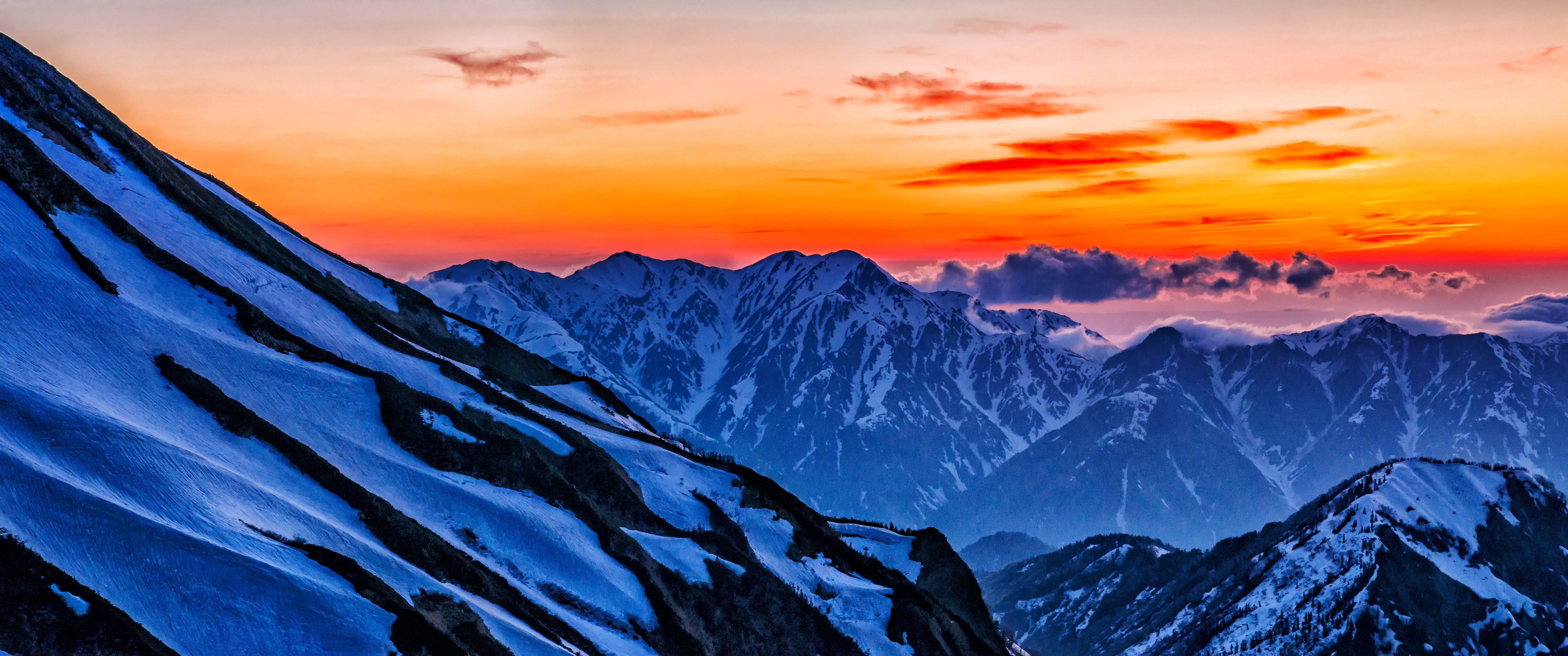 environment, landscape, sunset, mountain peak, 5K, outdoors, cloud - sky, snow, mountain range, photography, sun, hour, beauty in nature, no people, northern alps, HD Wallpaper