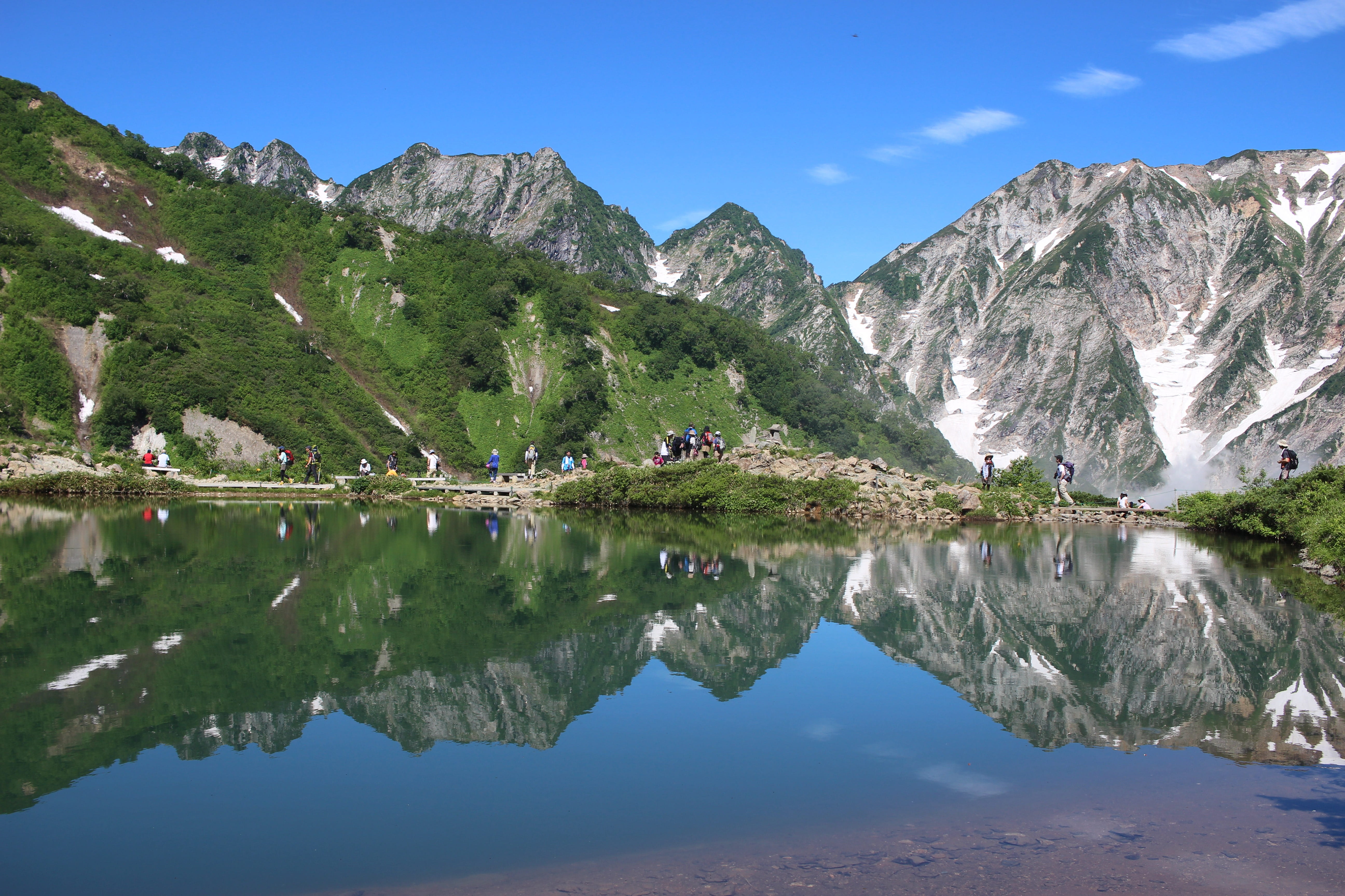 natural, idyllic, beauty in nature, waterfront, mountain range, plant, climbing, snow, formation, sky, northern alps, nature, mountain, green color, rocky mountain, HD Wallpaper