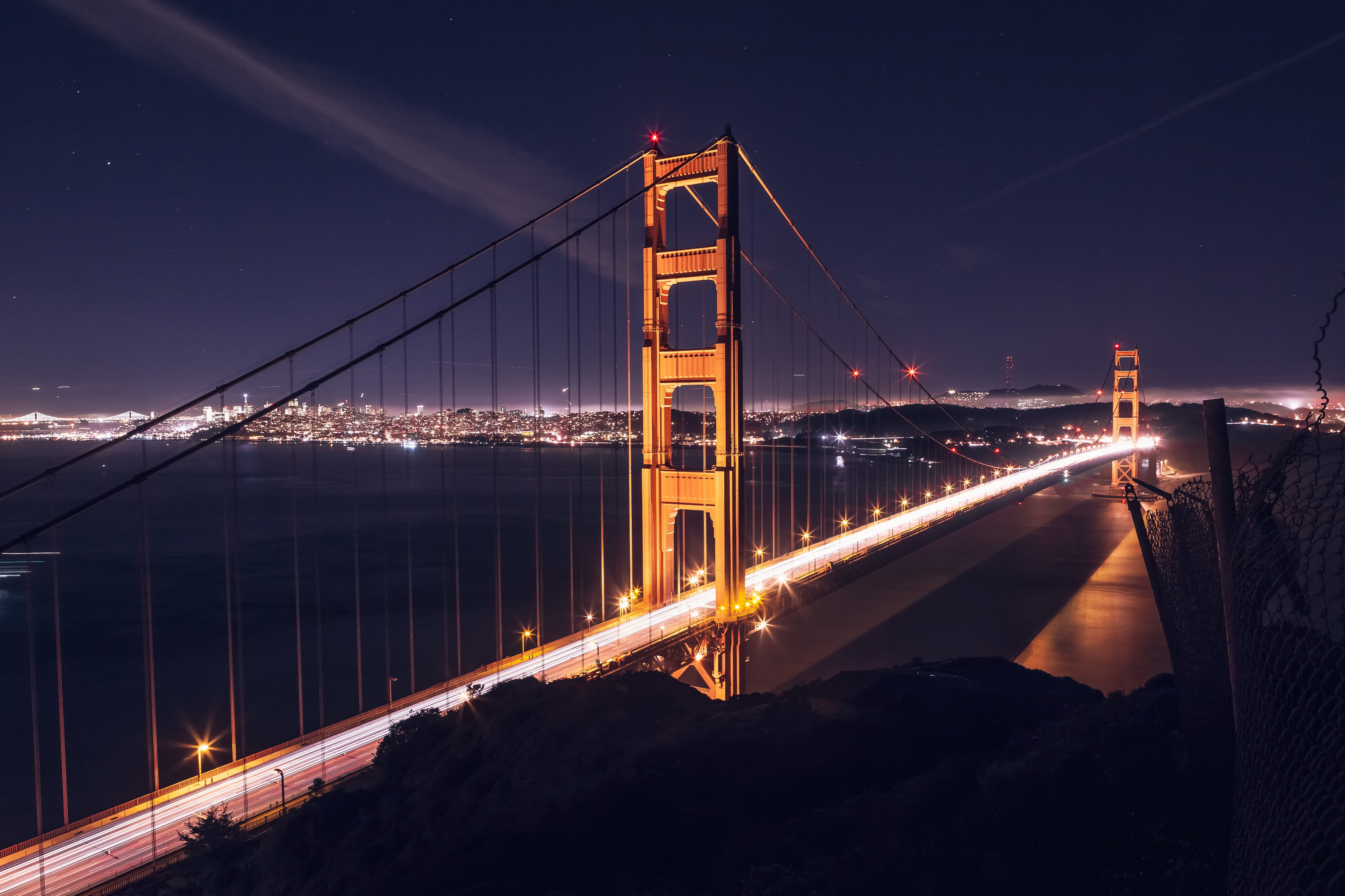 urban Skyline, francisco, outdoors, skyscraper, uSA, dusk, suspension Bridge, bridge - Man Made Structure, sky, urban Scene, water, transportation, light, HD Wallpaper