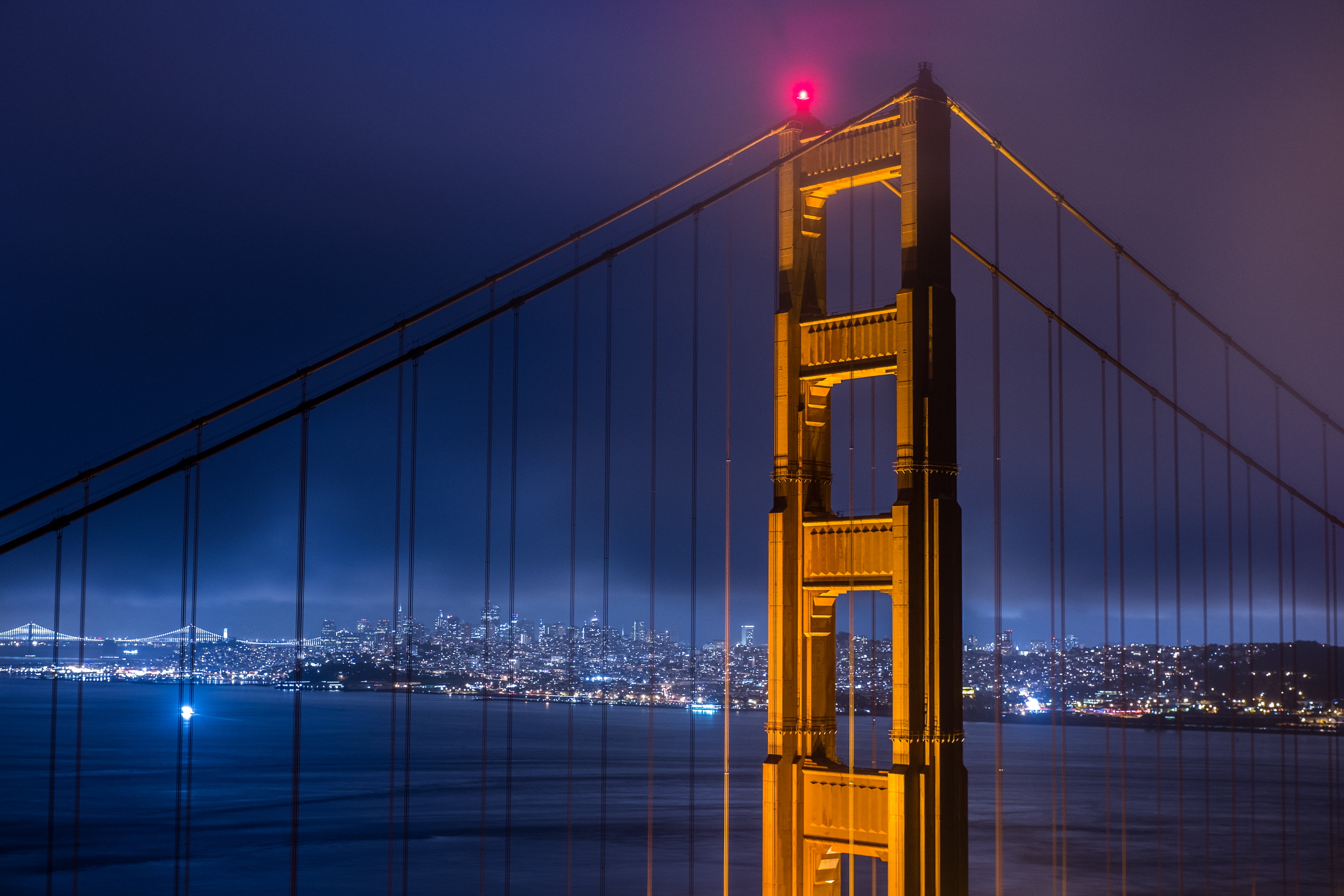 bay, golden Gate Bridge, no people, nature, uSA, water, california, city, modern, bridge - Man Made Structure, famous Place, illuminated, evening, built structure, HD Wallpaper