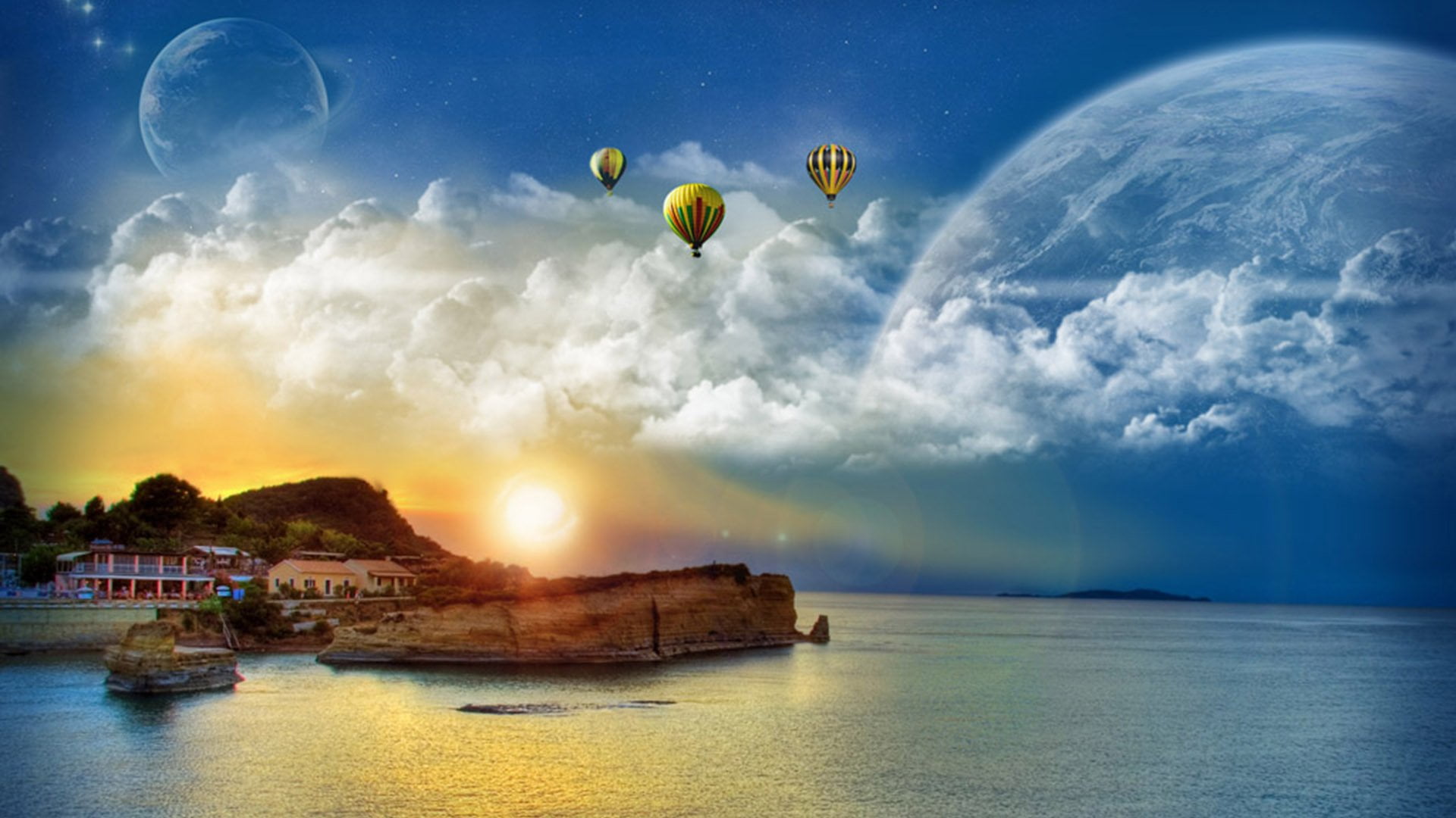 tranquility, hot air balloon, beach, sky, sunlight, horizon, nautical vessel, scenery, water, sea, cloud, coast, clouds, architecture, color, mode of transportation, HD Wallpaper